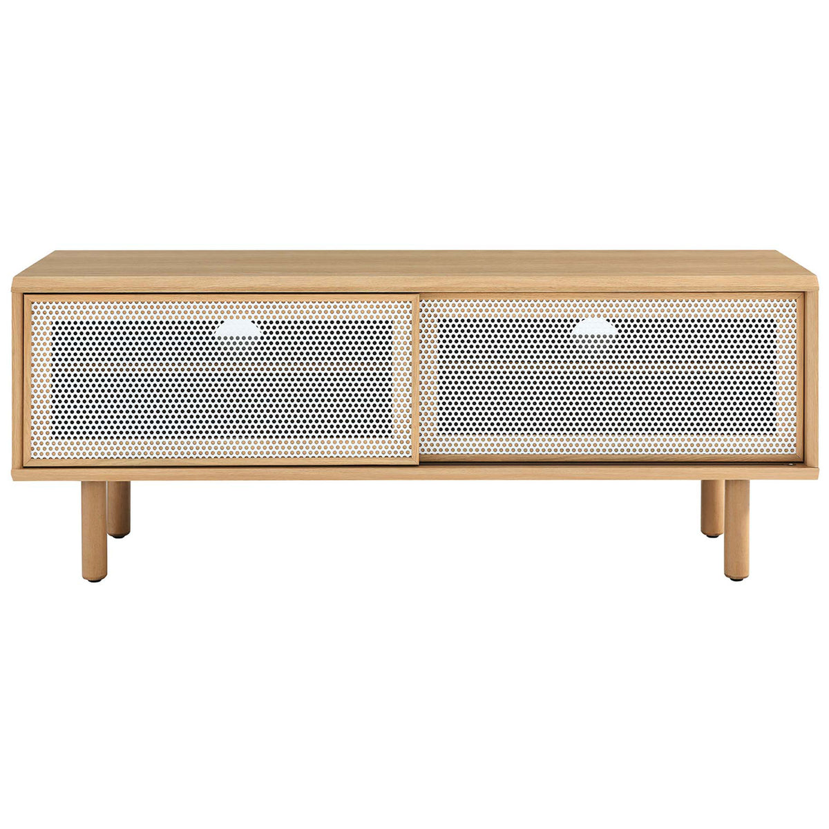 Oak 47 in TV stand with two white mesh doors concealing roomy storage || EEI-6233-OAK || front_studio