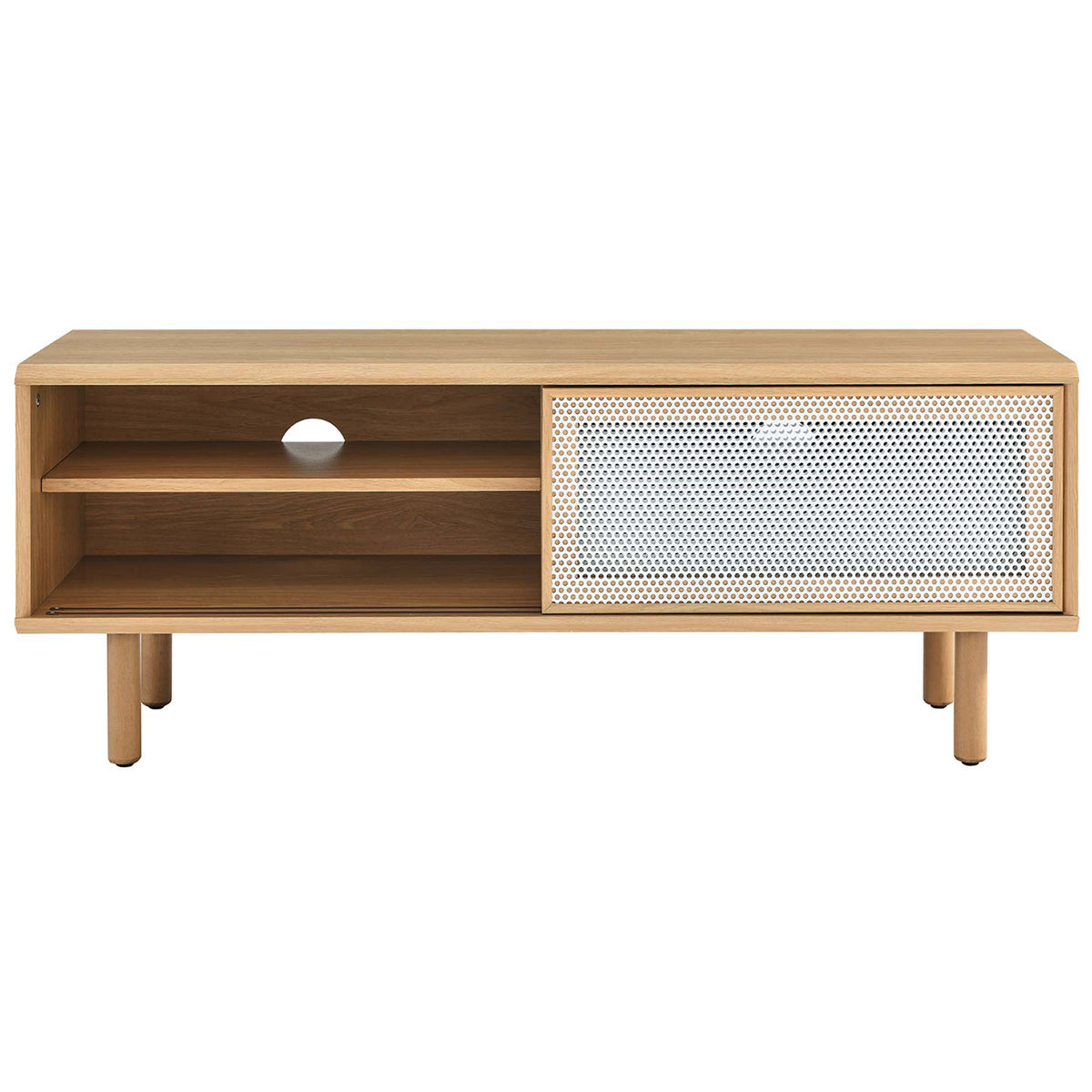 Oak TV console with right mesh door slid open to reveal media shelves and cable cutout || EEI-6233-OAK || front_studio