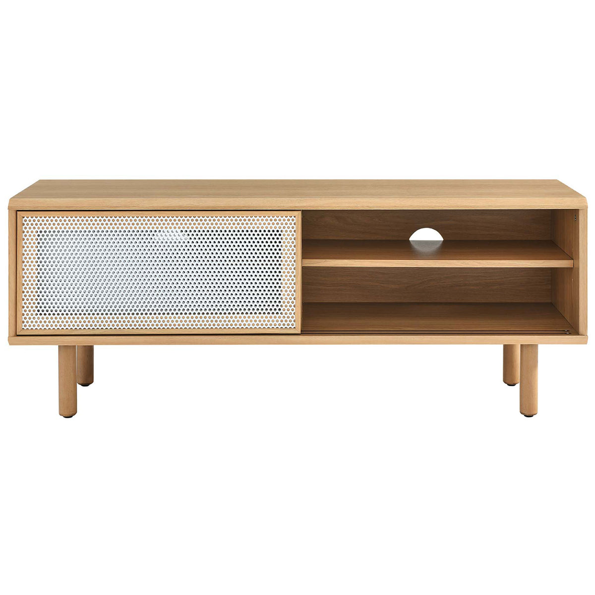 Oak TV console with left mesh door slid open to showcase shelving and cable management || EEI-6233-OAK || front_studio