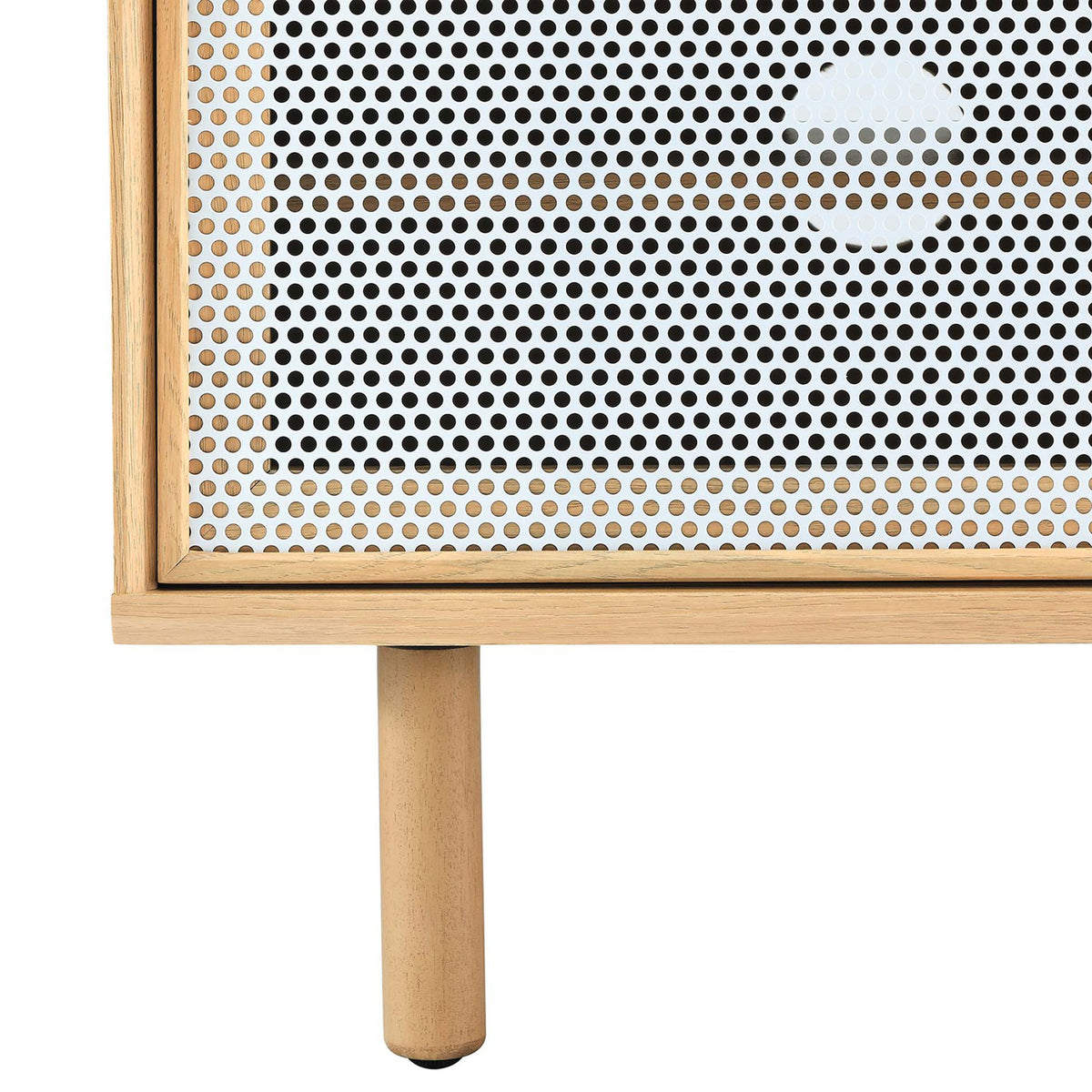 Design detail of oak frame, white perforated mesh door, and sturdy round legs with foot pads || EEI-6233-OAK || leg_studio
