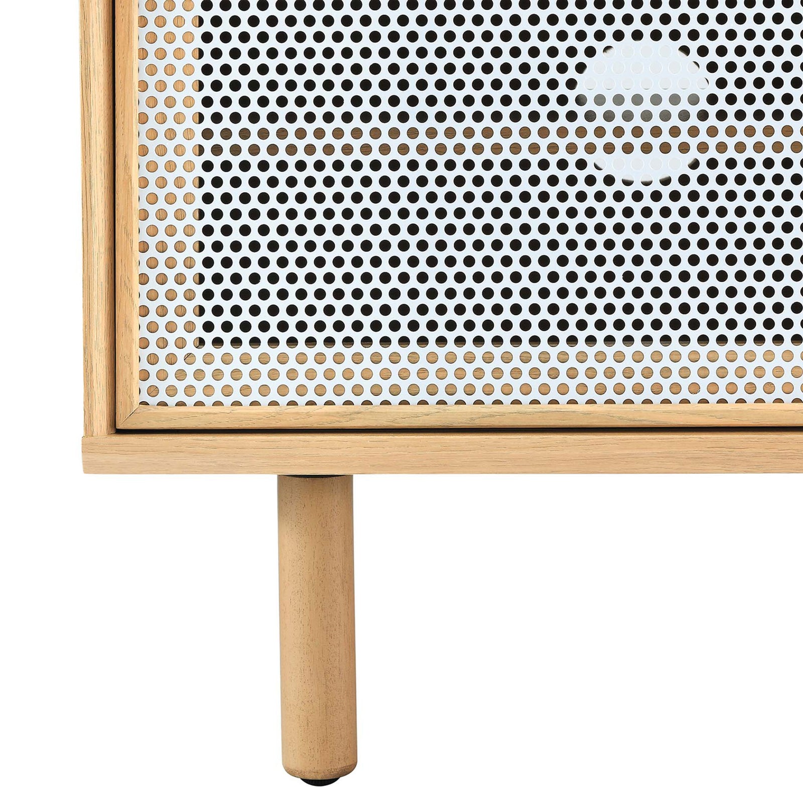 Design detail of oak frame, white perforated mesh door, and sturdy round legs with foot pads || EEI-6233-OAK || leg_studio