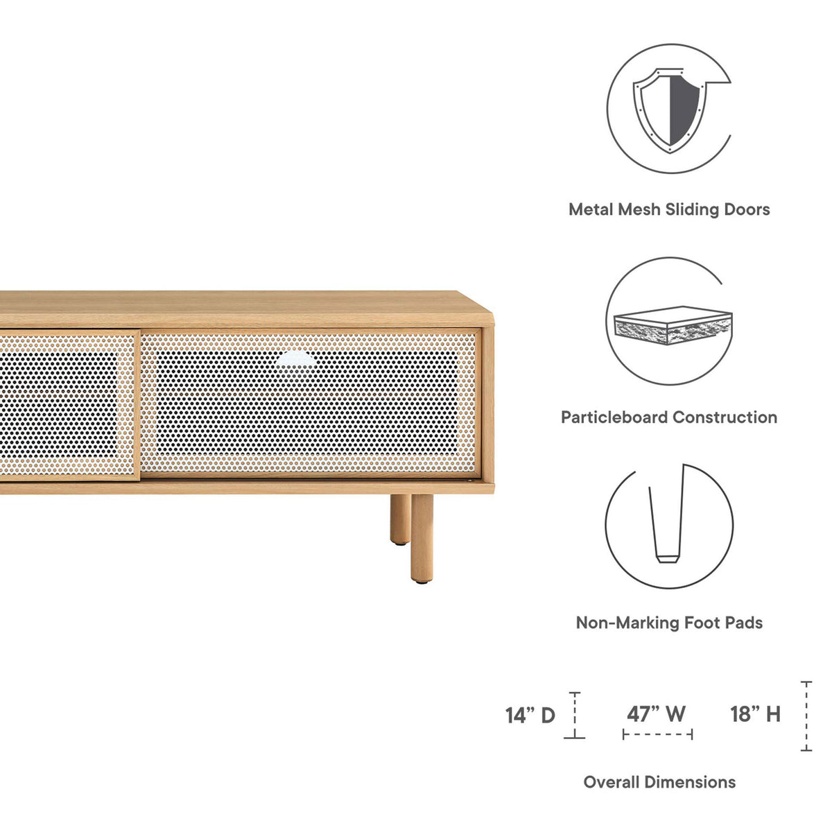 Feature icons highlight mesh doors, particleboard construction, and non-marking foot pads with size || EEI-6233-OAK || callout_studio