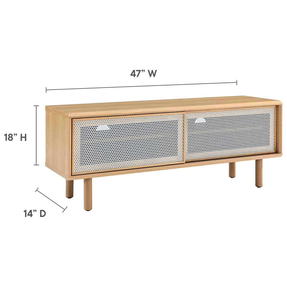 Dimension graphic shows Kurtis 47 in oak TV stand at 47 in wide, 18 in high, and 14 in deep || EEI-6233-OAK || dimension_studio