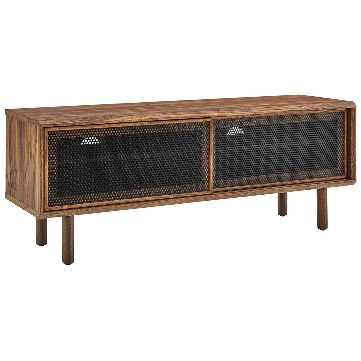 Kurtis 47 in walnut TV stand with dual dark mesh sliding doors and compact low profile design || EEI-6233-WAL || front_angle_studio