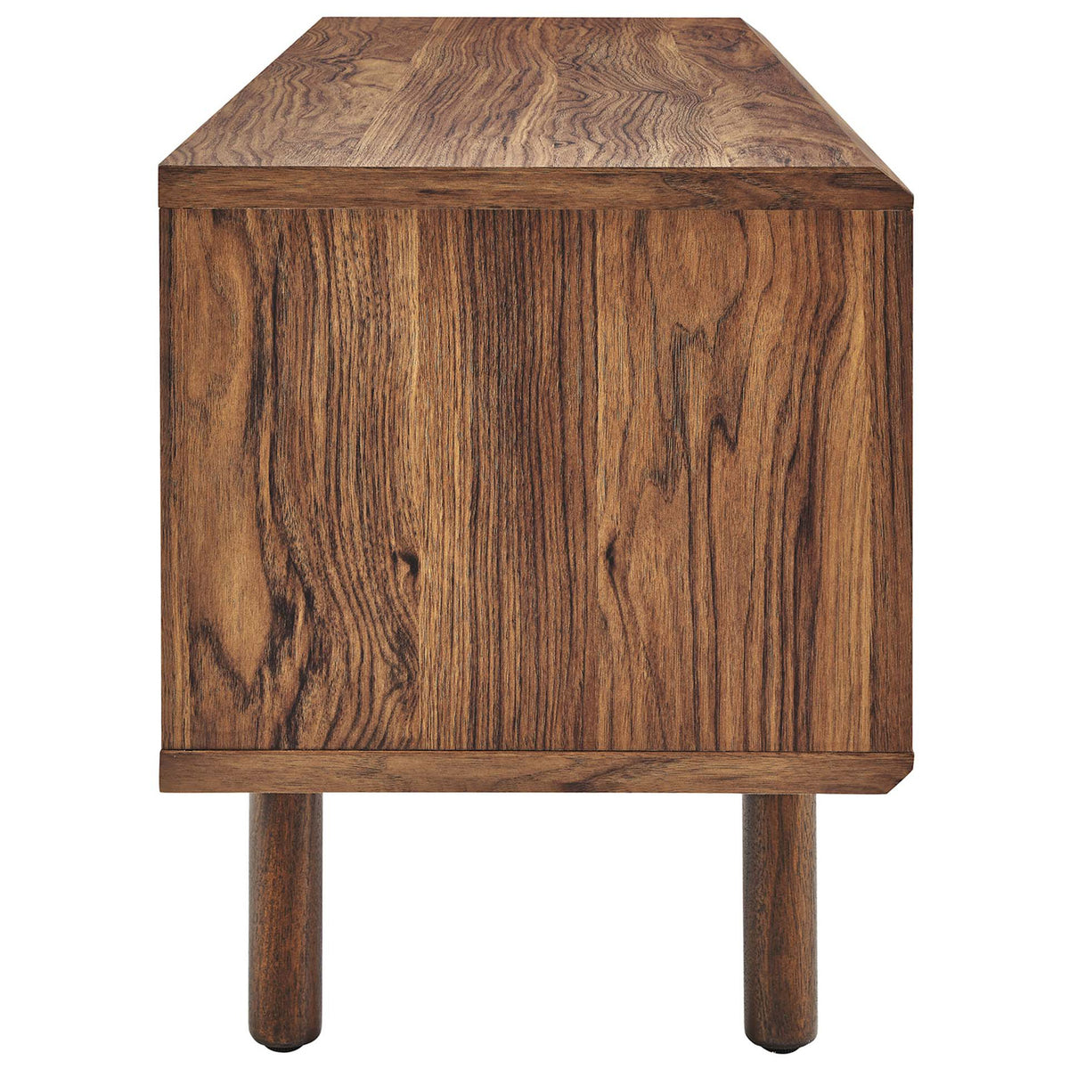 Walnut wood grain TV stand showing streamlined side panel and slim round legs || EEI-6233-WAL || side_studio