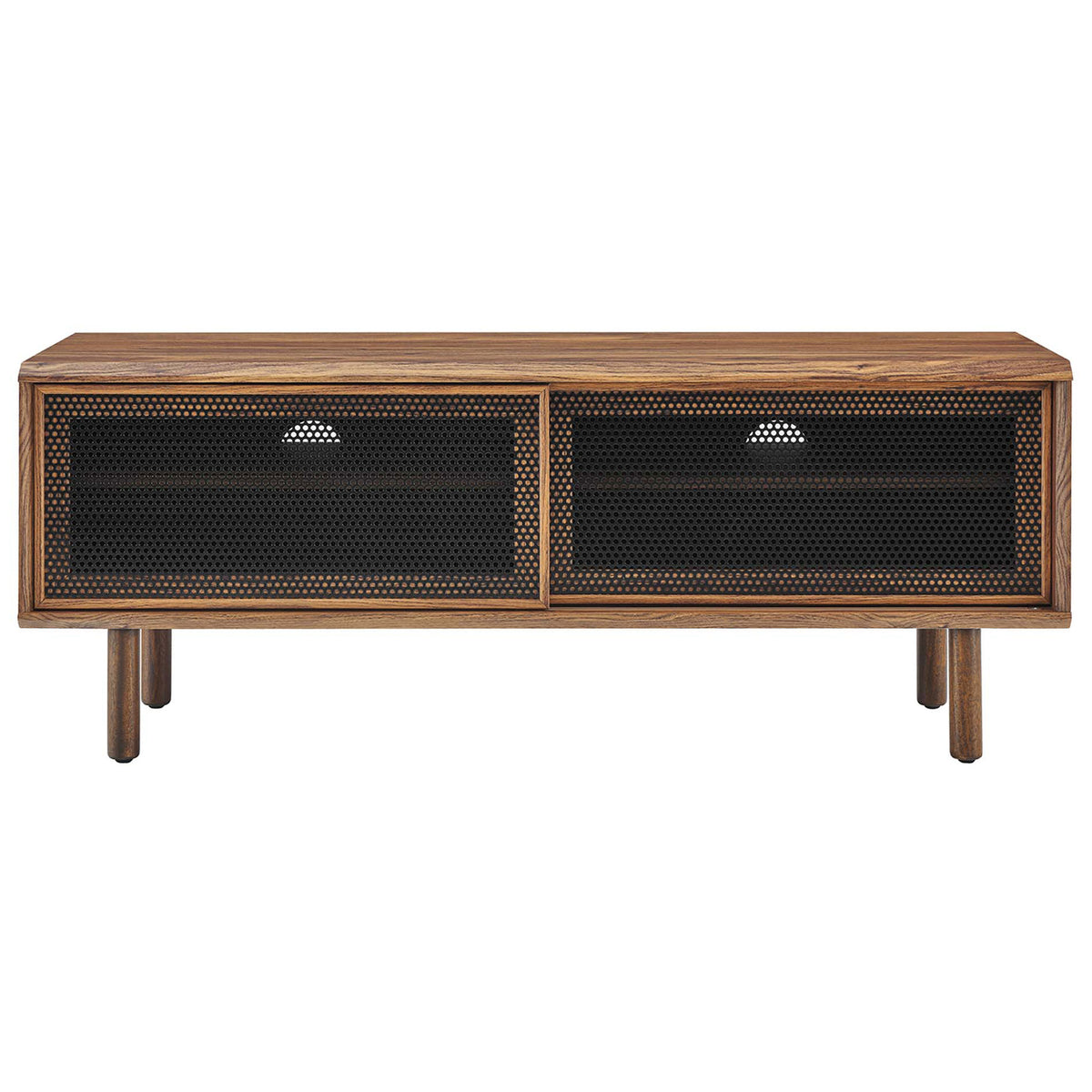 Walnut 47 in TV stand with two dark mesh doors concealing spacious storage || EEI-6233-WAL || front_studio