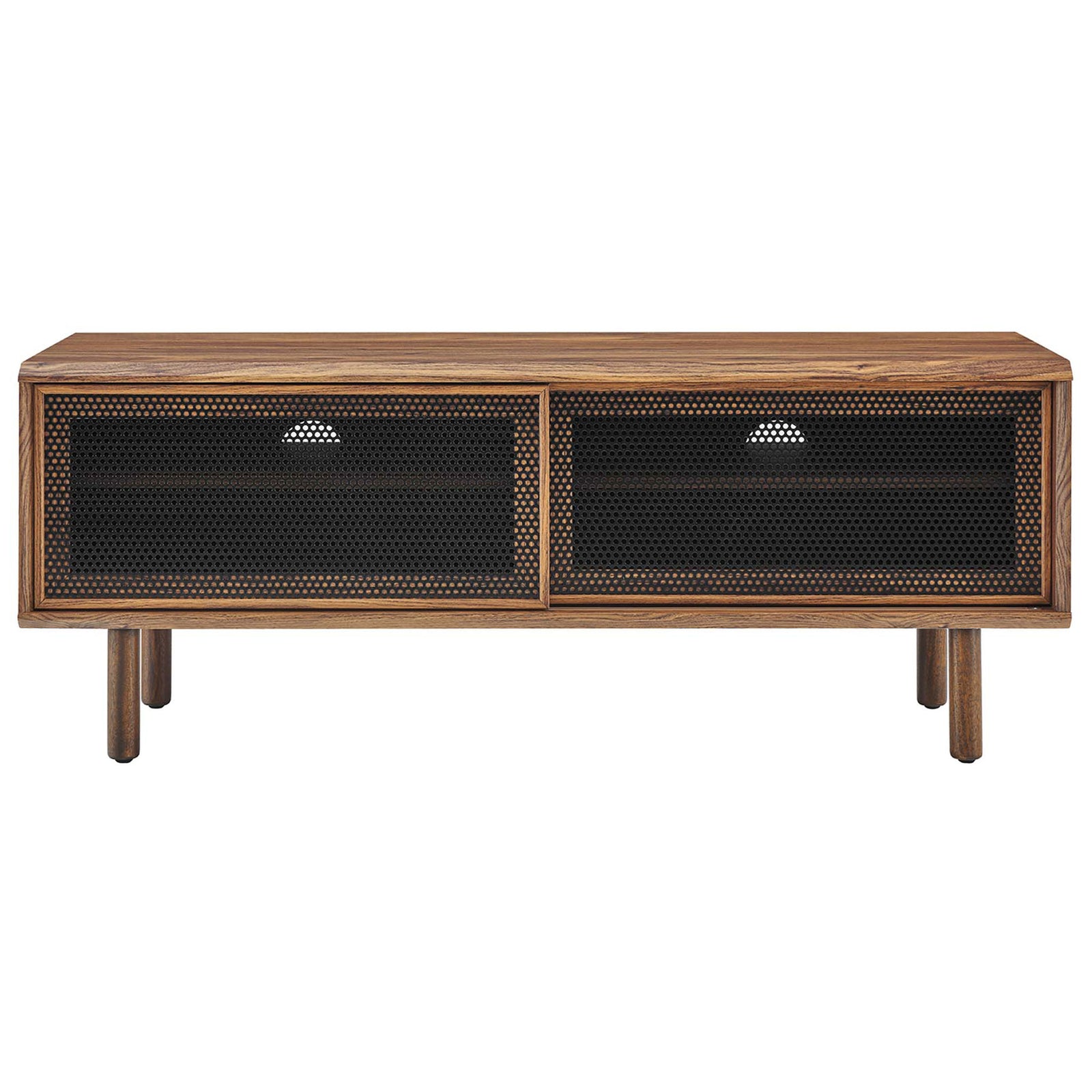 Walnut 47 in TV stand with two dark mesh doors concealing spacious storage || EEI-6233-WAL || front_studio