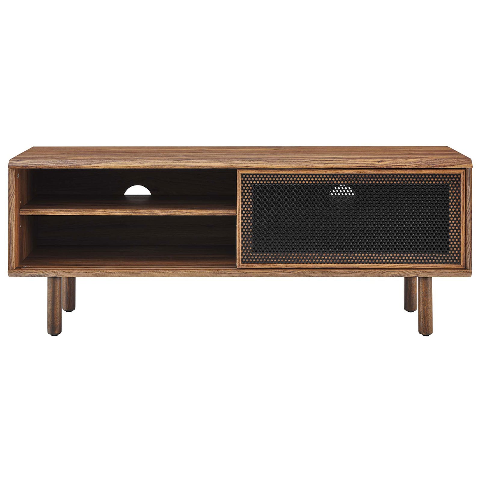 Walnut TV console with right mesh door slid open to reveal media shelves and cable cutout || EEI-6233-WAL || front_studio