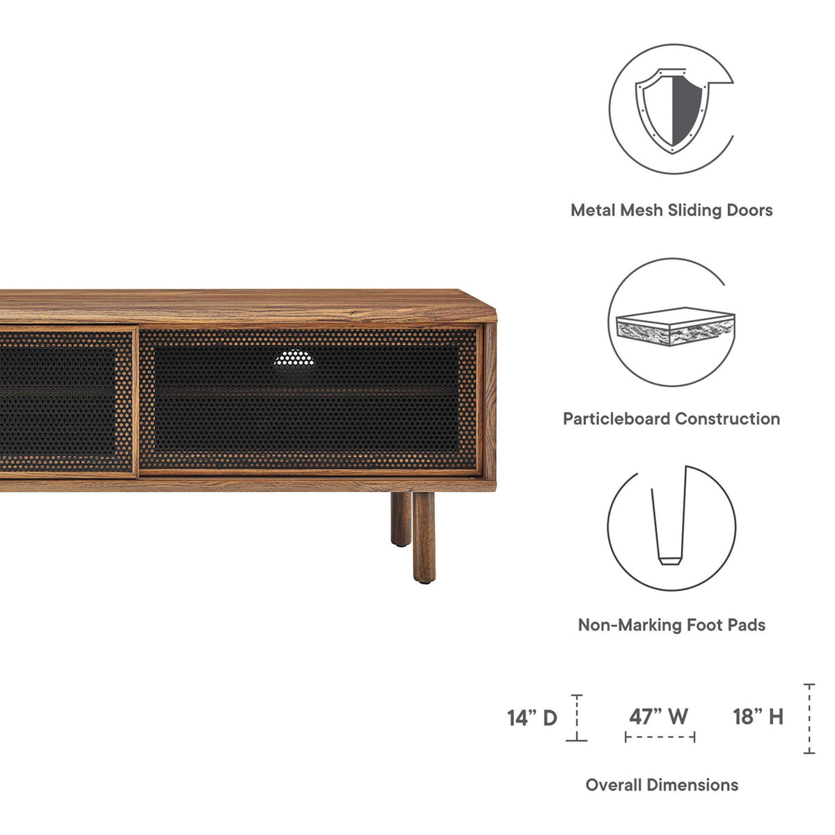 Feature icons highlight mesh doors, particleboard frame, and non-marking foot pads with size || EEI-6233-WAL || callout_studio