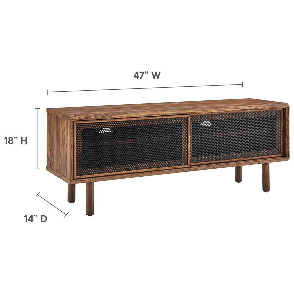 Dimension graphic shows Kurtis 47 in walnut TV stand at 47 in wide, 18 in high, and 14 in deep || EEI-6233-WAL || dimension_studio
