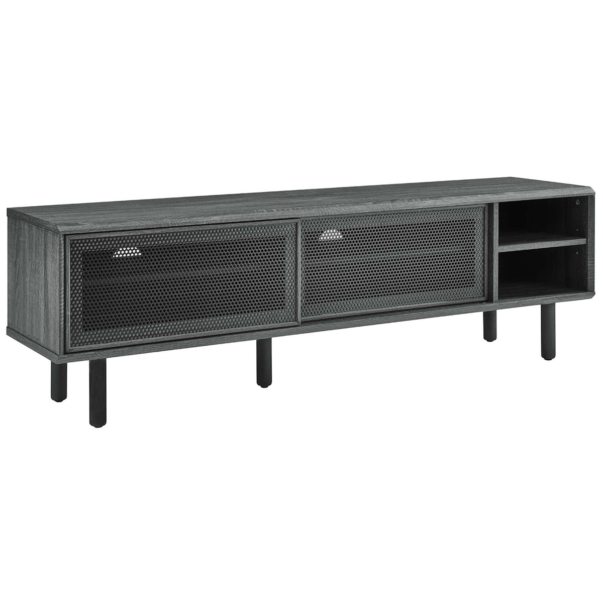 Kurtis 60 in charcoal TV stand with dual mesh sliding doors and open right-side shelving || EEI-6234-CHA || front_angle_studio