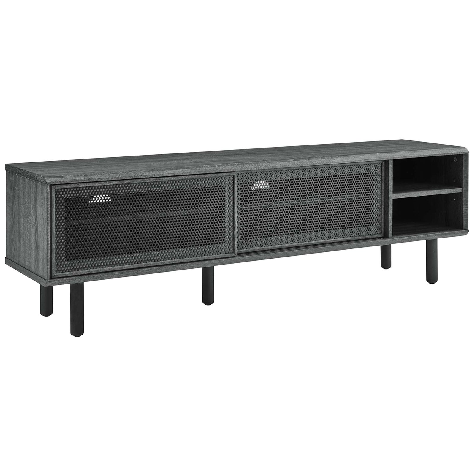 Kurtis 60 in charcoal TV stand with dual mesh sliding doors and open right-side shelving || EEI-6234-CHA || front_angle_studio
