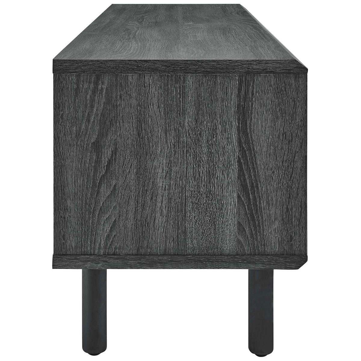 Charcoal wood grain TV stand showing clean side panel and slim round legs || EEI-6234-CHA || side_studio