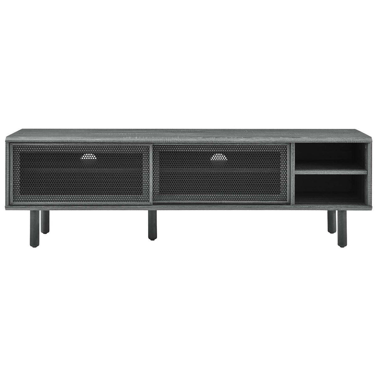 Charcoal TV stand with two mesh sliding doors centered and open media shelves on the right || EEI-6234-CHA || front_studio