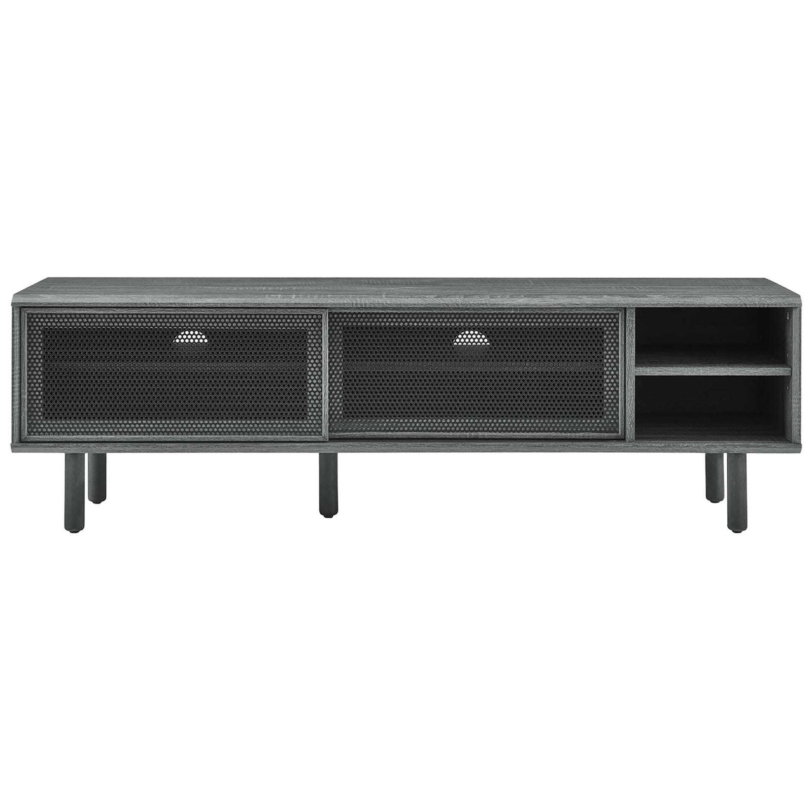 Charcoal TV stand with two mesh sliding doors centered and open media shelves on the right || EEI-6234-CHA || front_studio