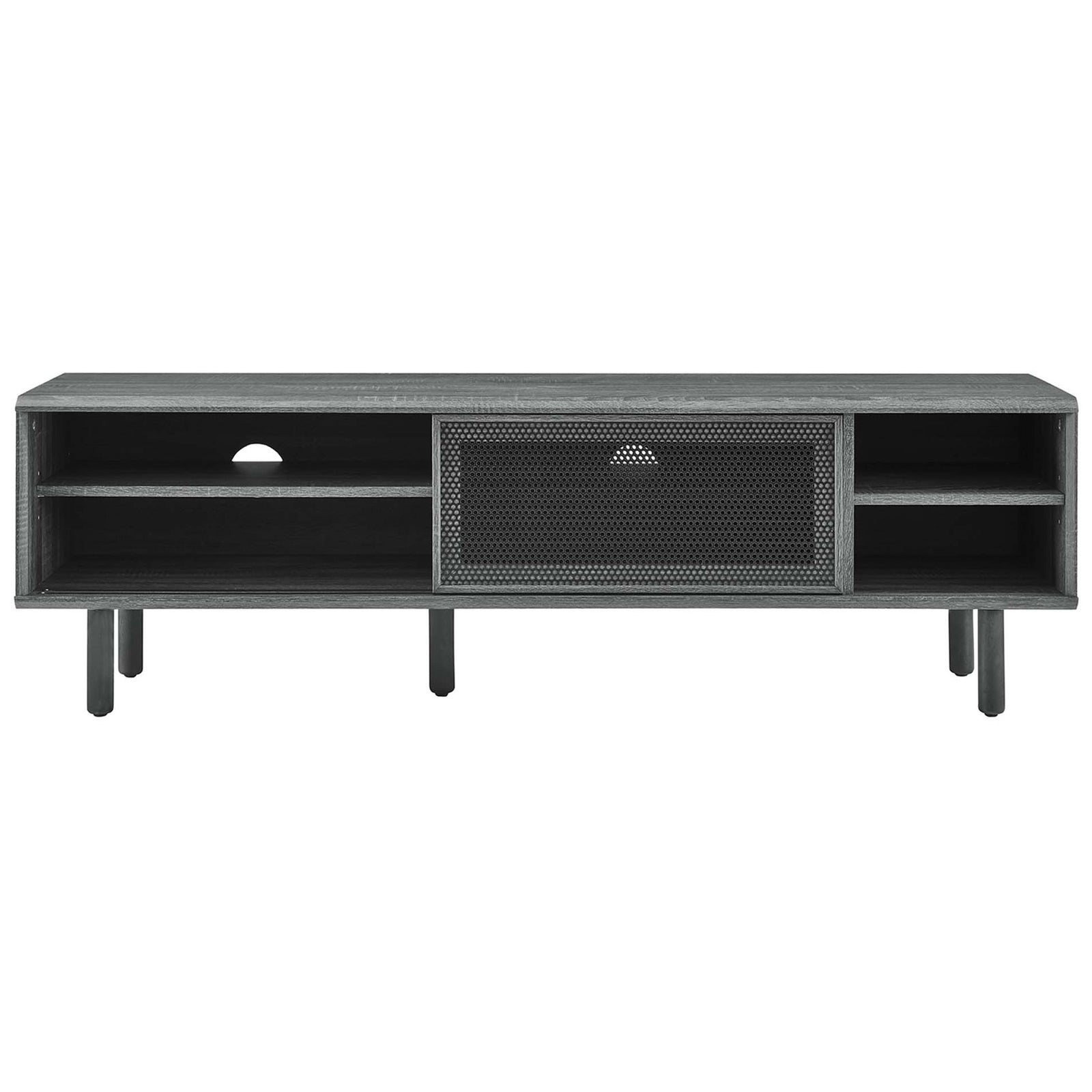 Charcoal TV console with mesh door slid to reveal left storage shelves and right open cubbies || EEI-6234-CHA || front_studio
