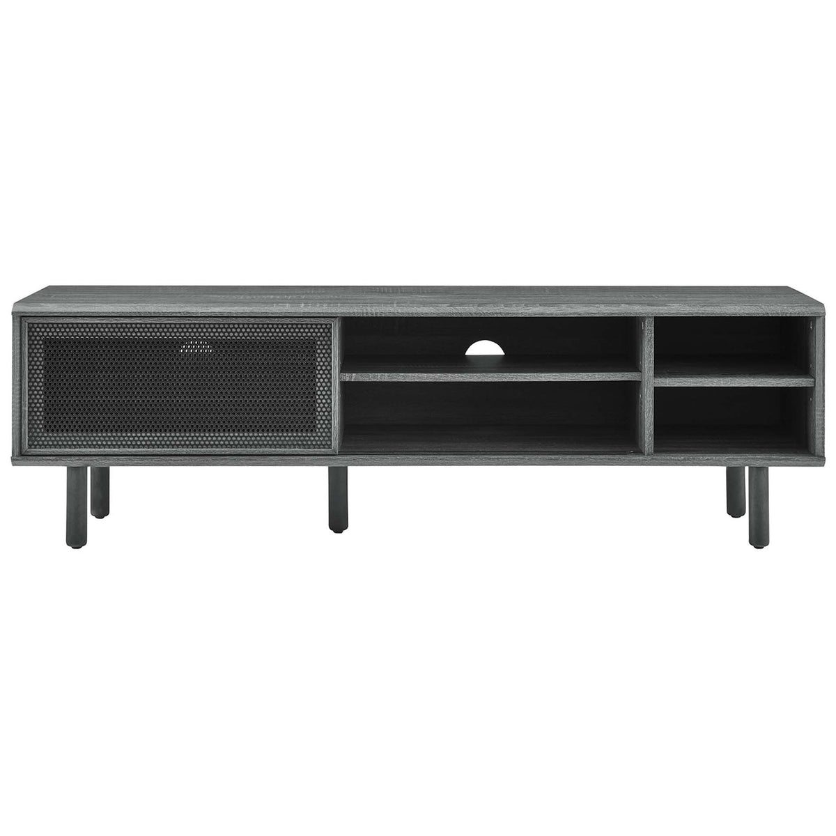 Charcoal TV console with mesh door positioned left to showcase central open shelves and cable cutouts || EEI-6234-CHA || front_studio