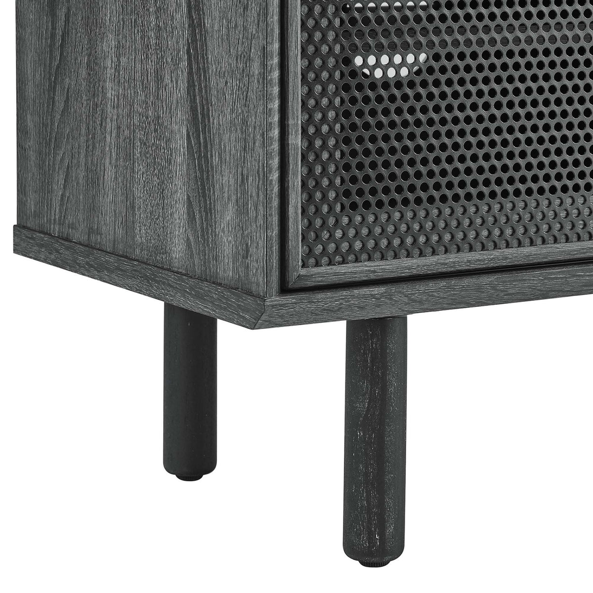 Design detail of charcoal wood grain frame, perforated mesh door, and round wood legs with foot pads || EEI-6234-CHA || leg_studio