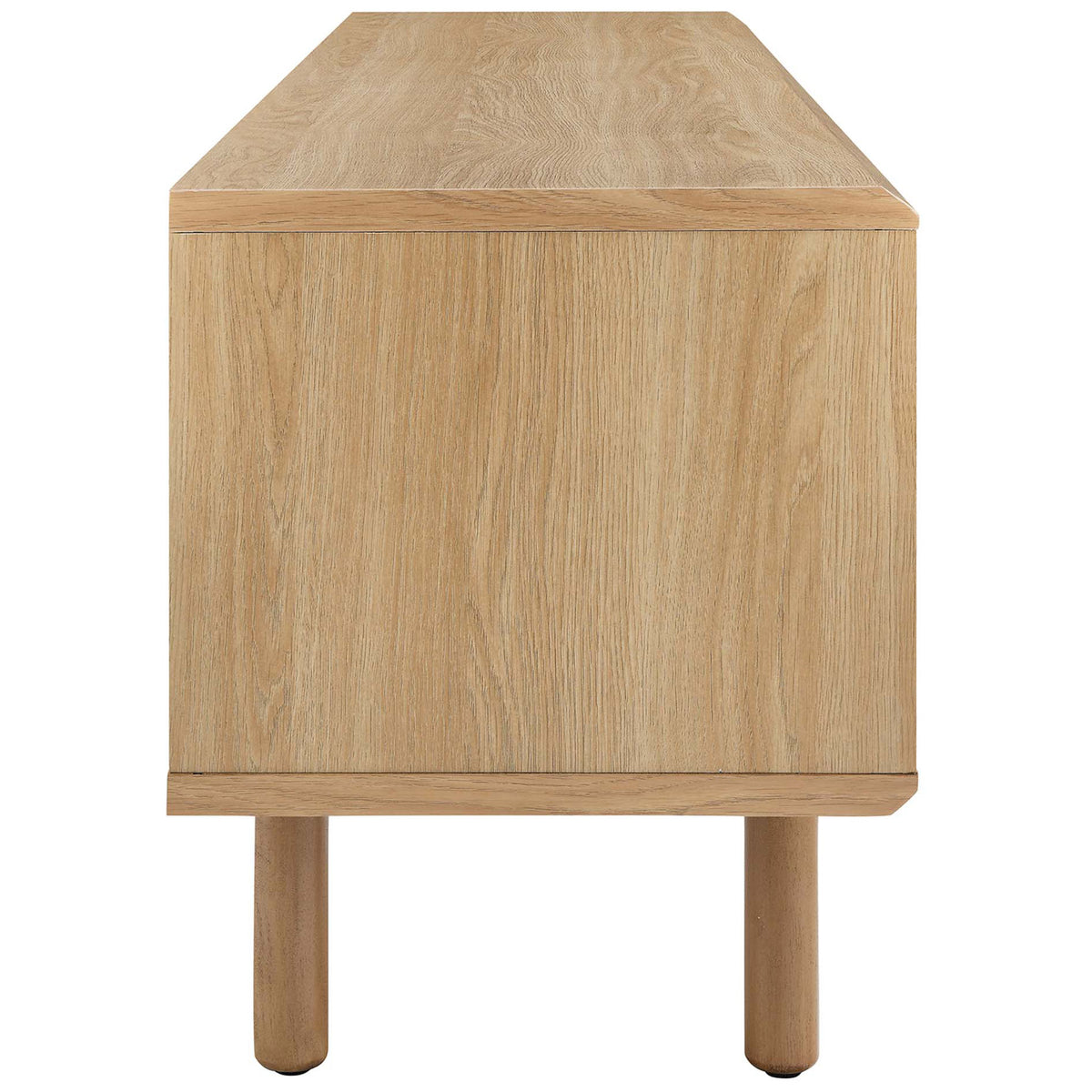 Oak wood grain TV stand showing smooth side panel and slim round legs || EEI-6234-OAK || side_studio