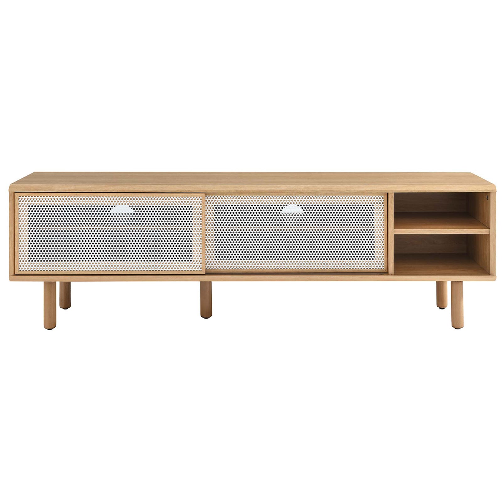 Oak TV stand with two white mesh sliding doors centered and open media shelves on the right || EEI-6234-OAK || front_studio