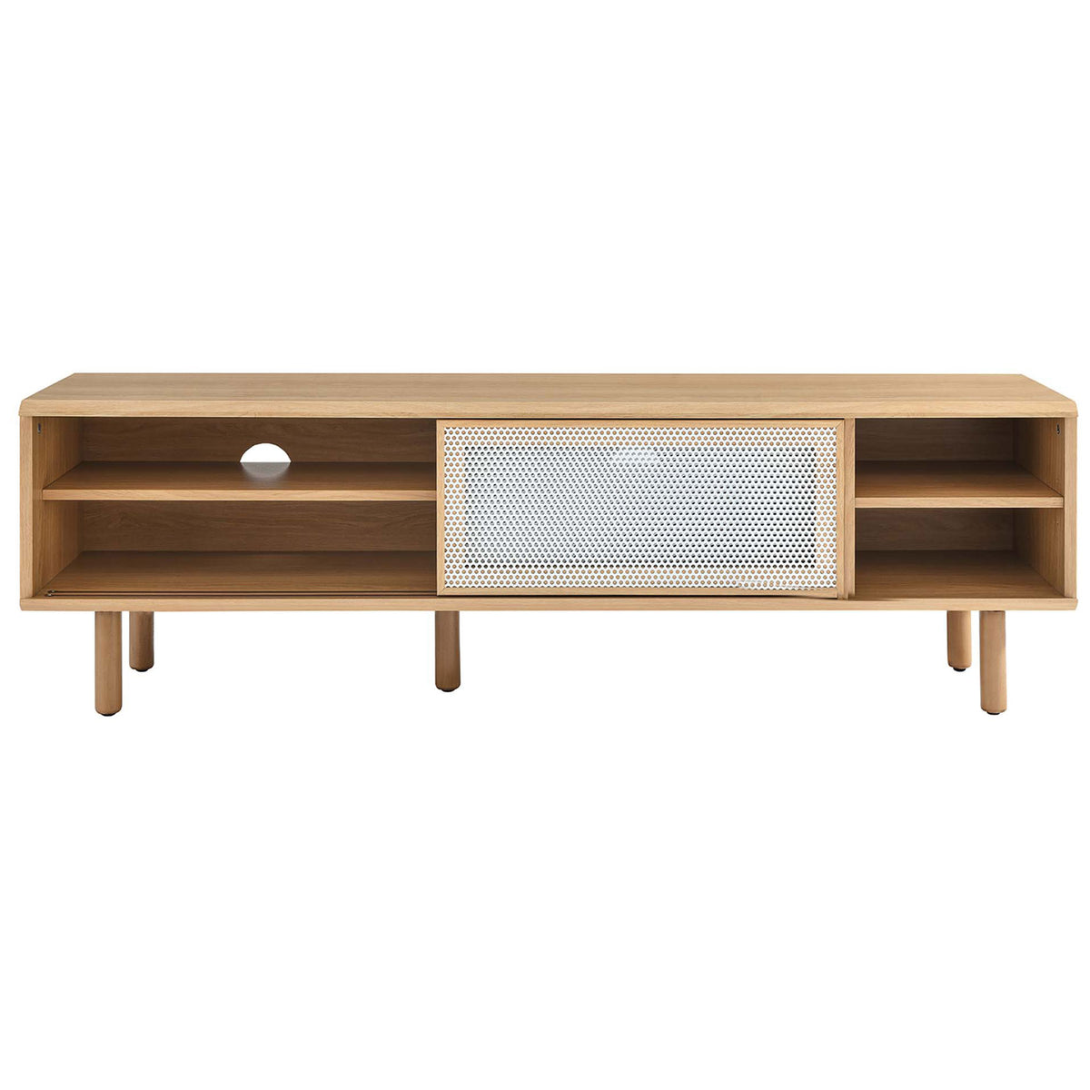 Oak TV console with mesh door shifted to reveal left storage shelves and right open cubbies || EEI-6234-OAK || front_studio