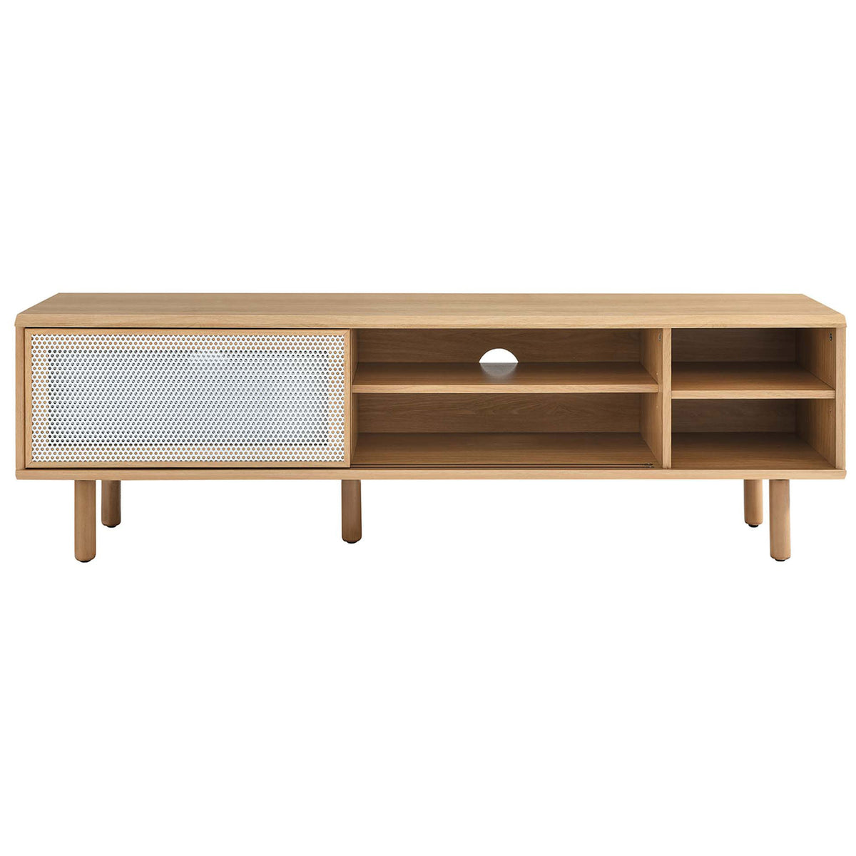 Oak TV console with mesh door positioned left to showcase central open shelves and cable cutouts || EEI-6234-OAK || front_studio