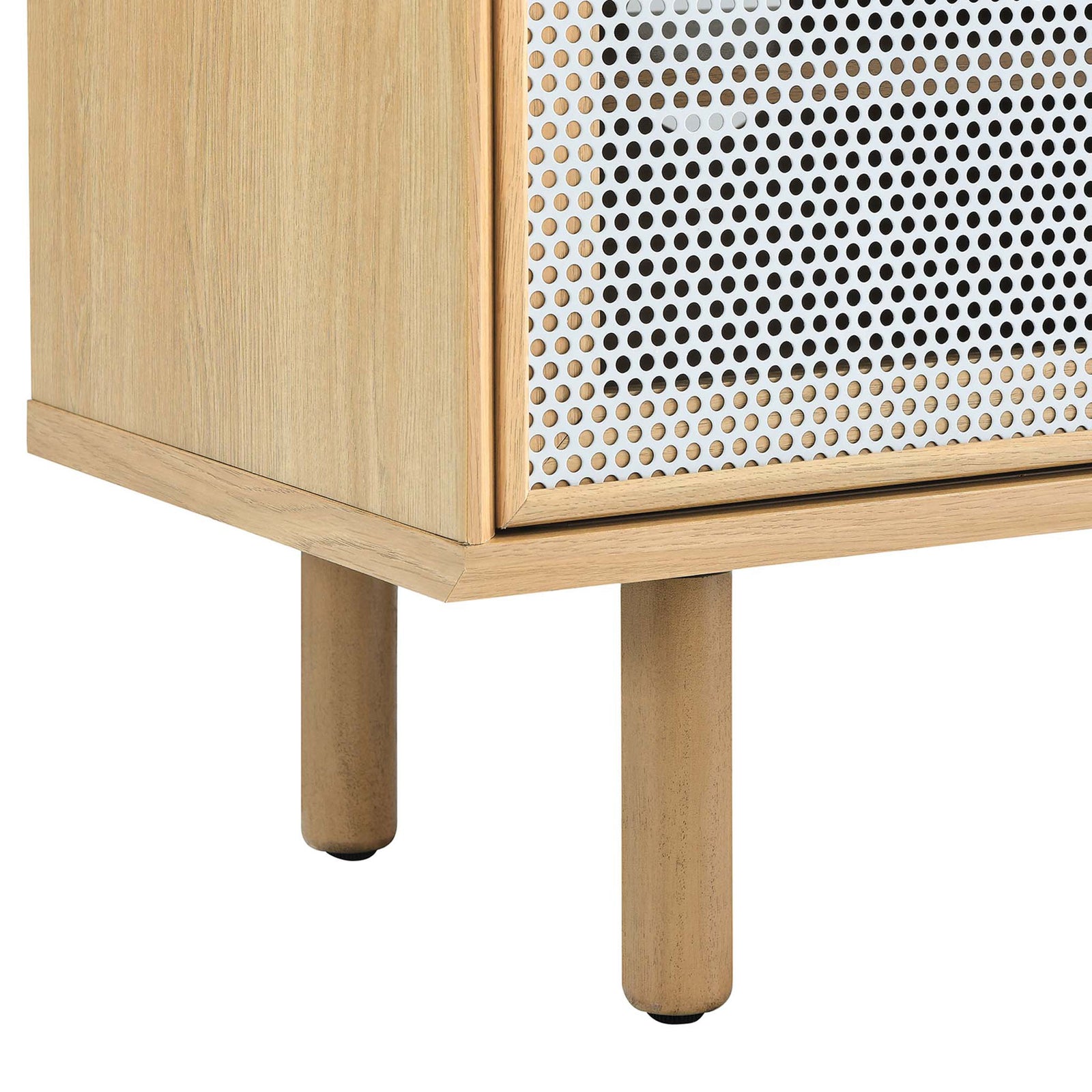 Design detail of oak wood frame, white perforated mesh door, and round wood legs with foot pads || EEI-6234-OAK || leg_studio