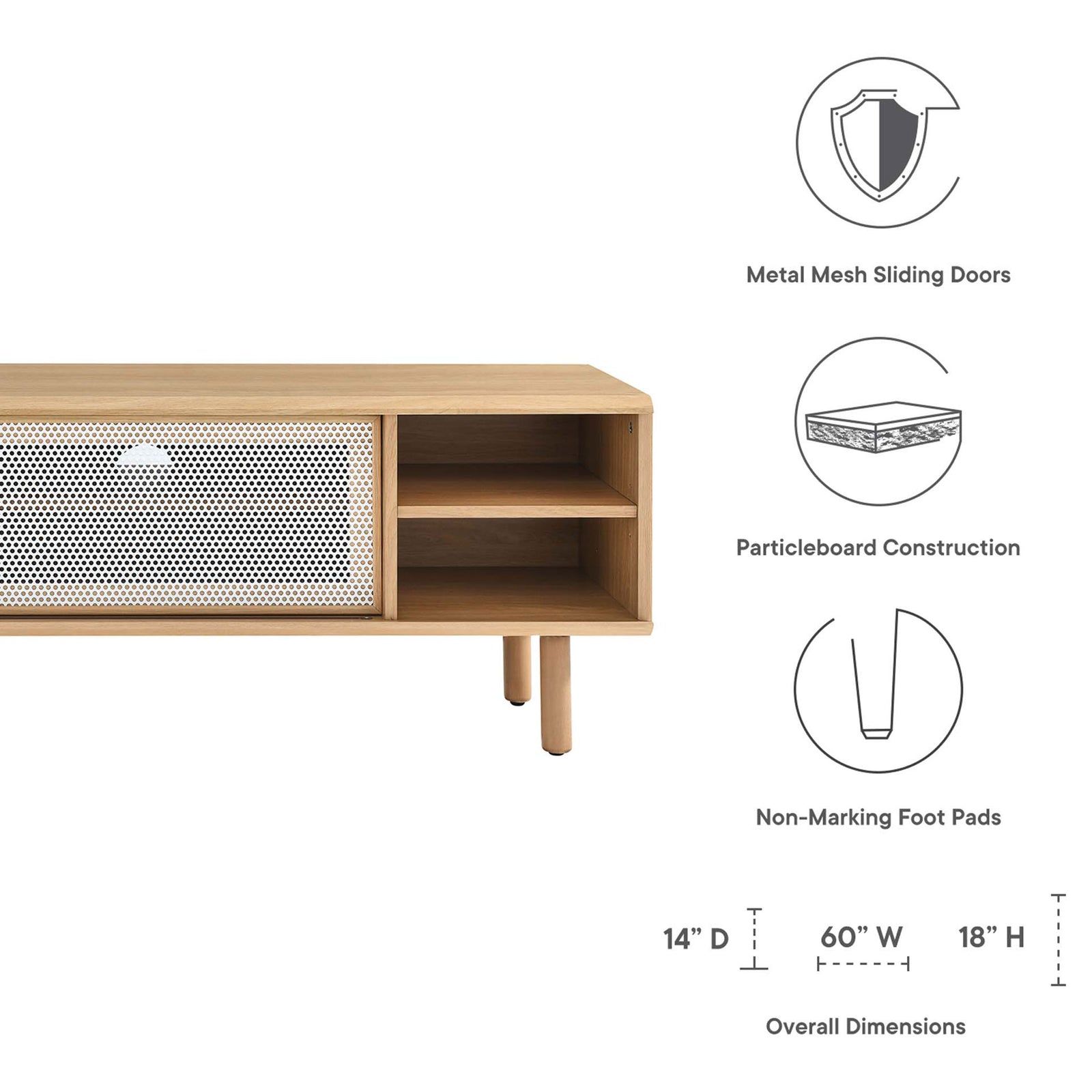 Feature icons highlight mesh doors, particleboard build, and non-marking foot pads with dimensions || EEI-6234-OAK || callout_studio