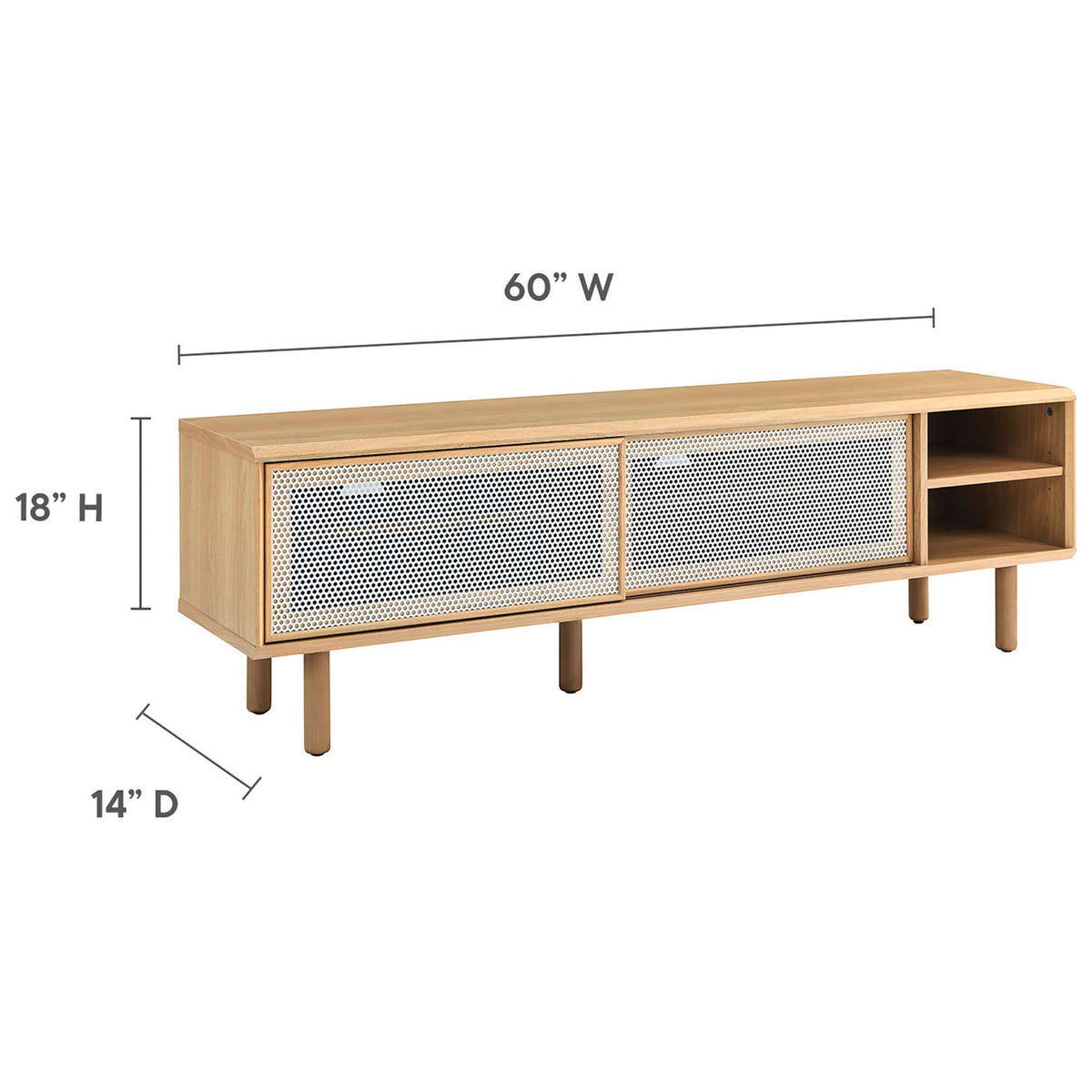 Dimension graphic shows Kurtis 60 in oak TV stand at 60 in wide, 18 in high, and 14 in deep || EEI-6234-OAK || dimension_studio