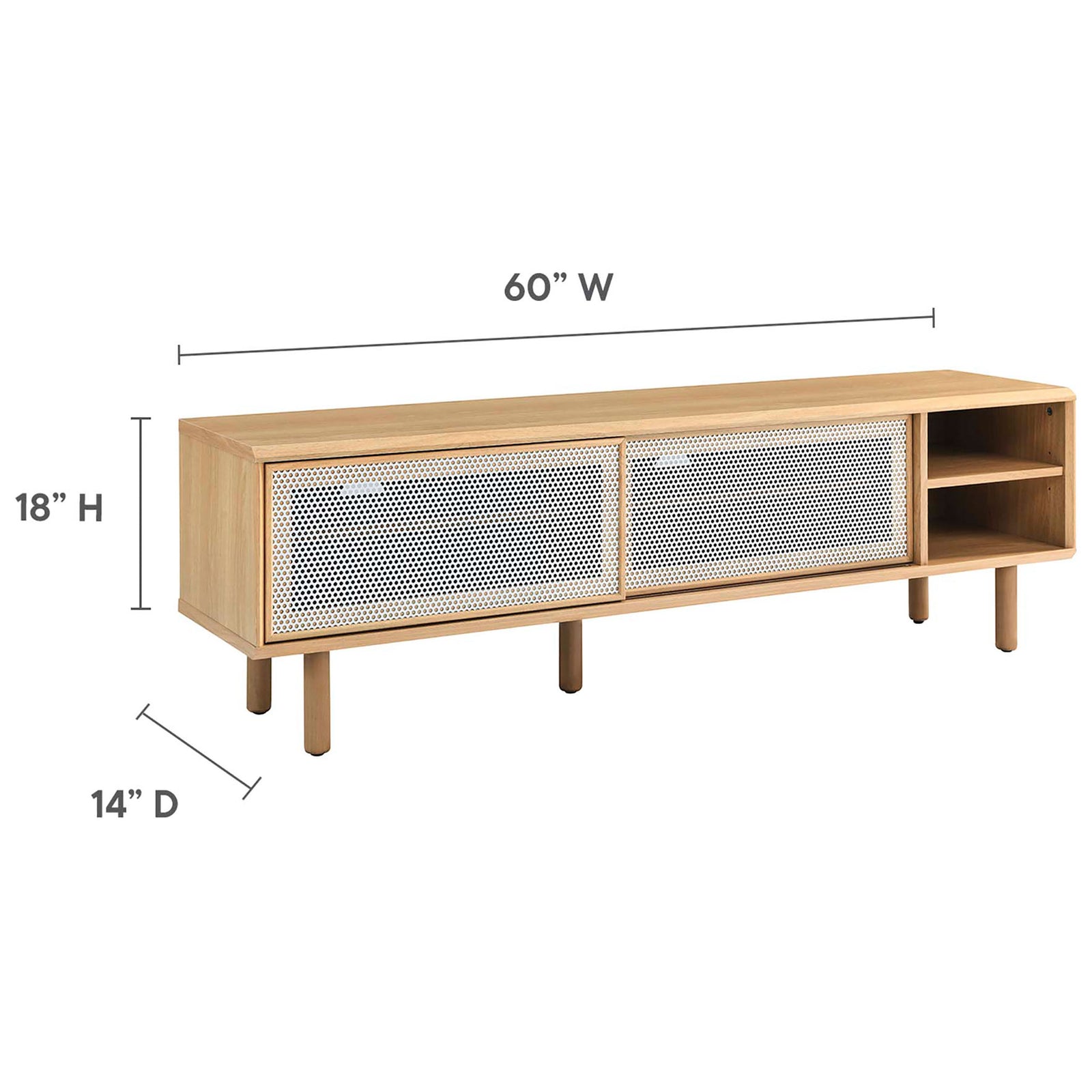 Dimension graphic shows Kurtis 60 in oak TV stand at 60 in wide, 18 in high, and 14 in deep || EEI-6234-OAK || dimension_studio