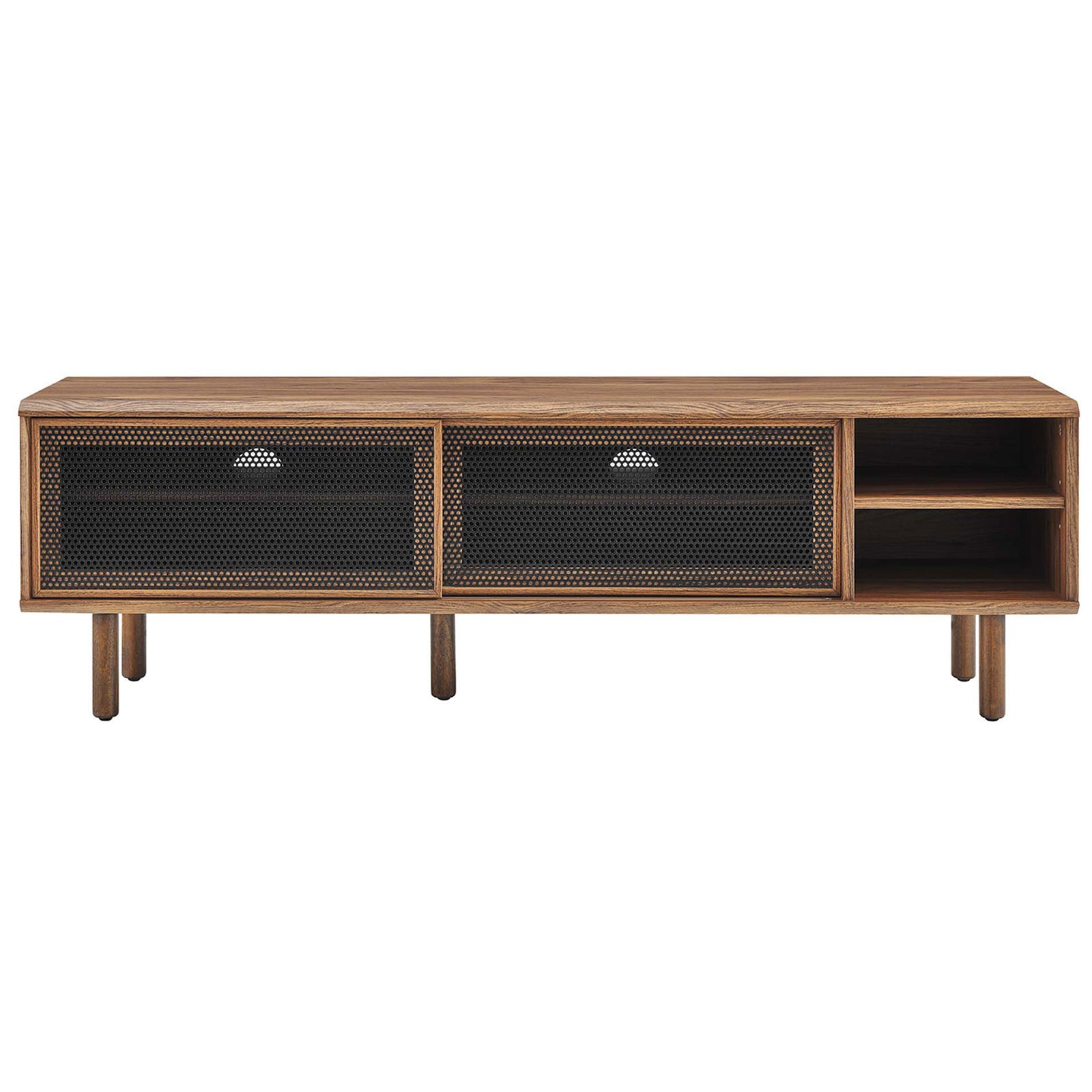 Walnut TV stand with two dark mesh sliding doors centered and open media shelves on the right || EEI-6234-WAL || front_studio