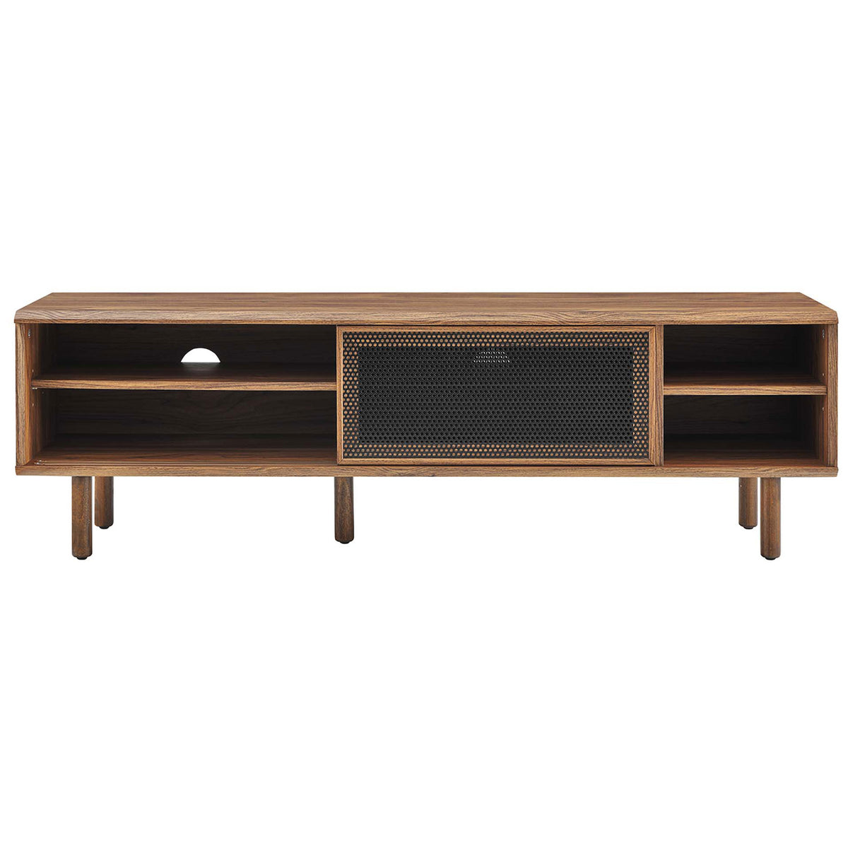 Walnut TV console with mesh door shifted to reveal left storage shelves and right open cubbies || EEI-6234-WAL || front_studio