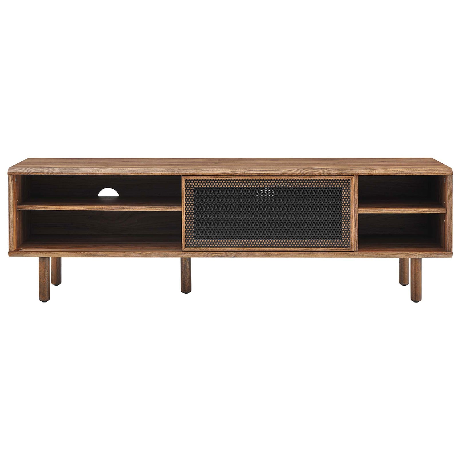 Walnut TV console with mesh door shifted to reveal left storage shelves and right open cubbies || EEI-6234-WAL || front_studio