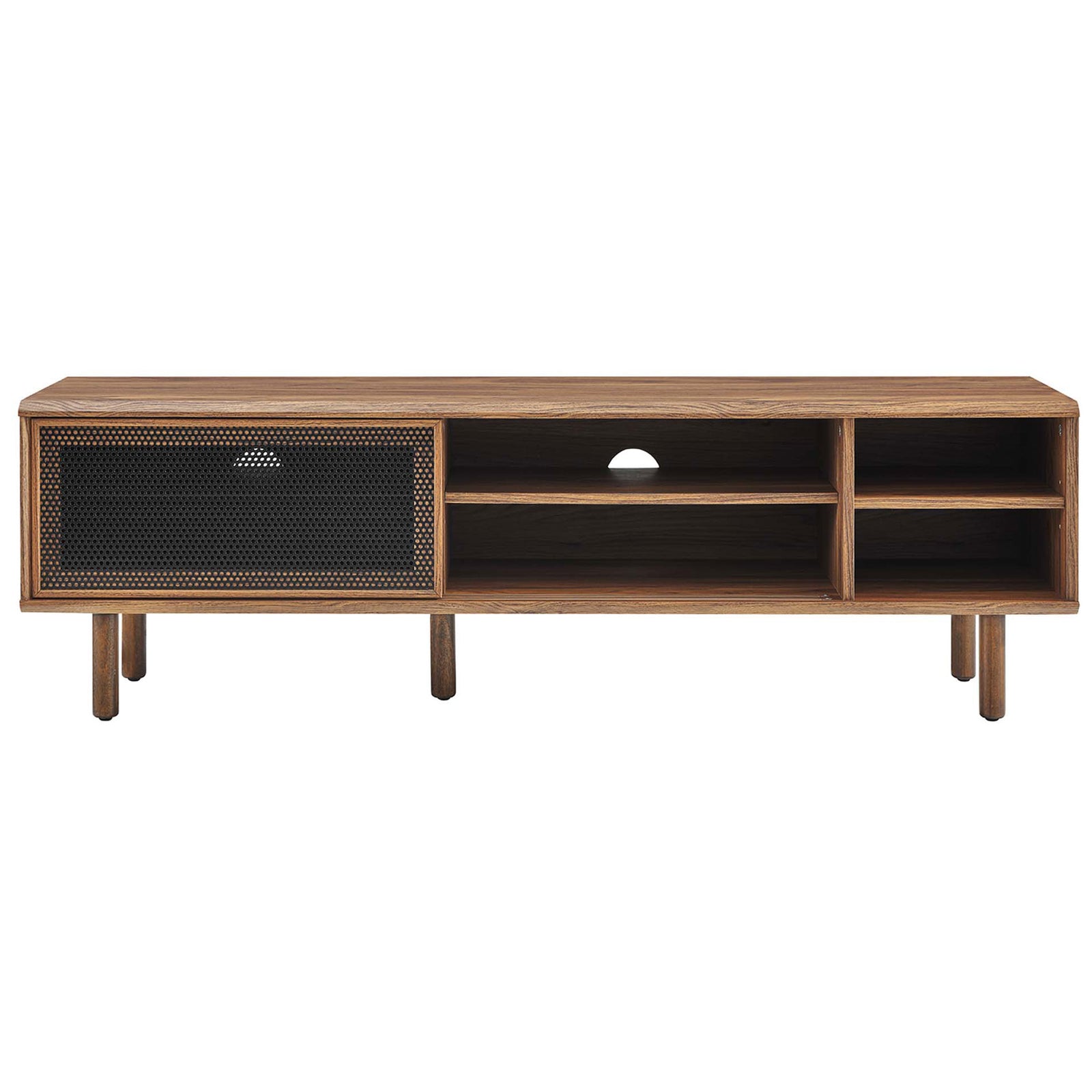Walnut TV console with mesh door positioned left to showcase central open shelves and cable cutouts || EEI-6234-WAL || front_studio