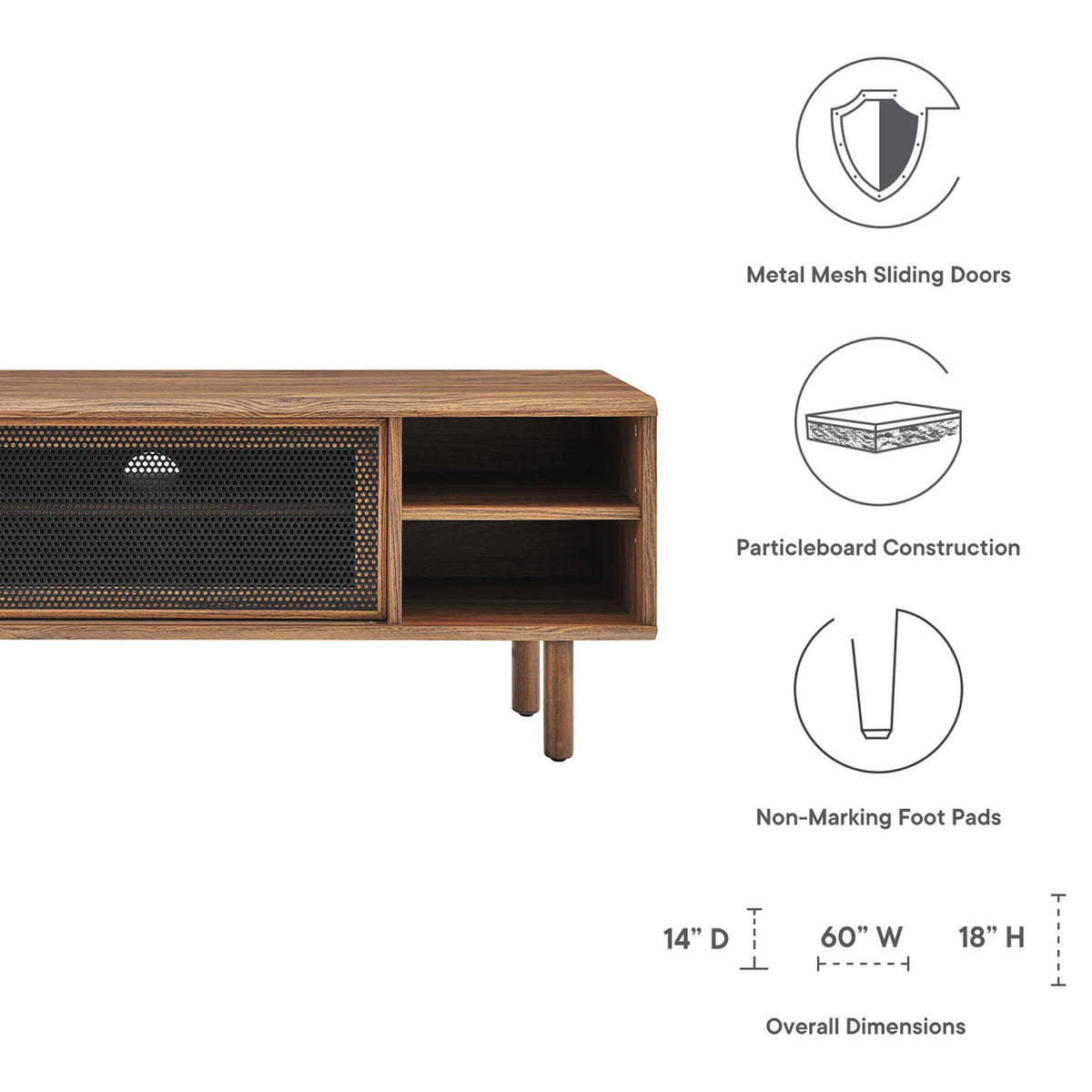 Feature icons highlight mesh doors, particleboard frame, and non-marking foot pads with dimensions || EEI-6234-WAL || callout_studio