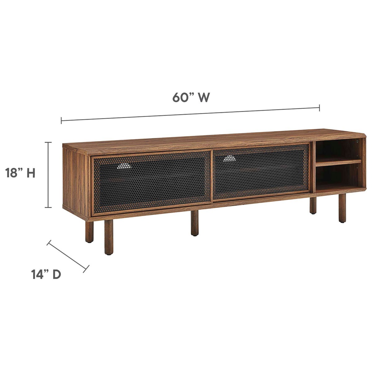 Dimension graphic shows Kurtis 60 in walnut TV stand at 60 in wide, 18 in high, and 14 in deep || EEI-6234-WAL || dimension_studio