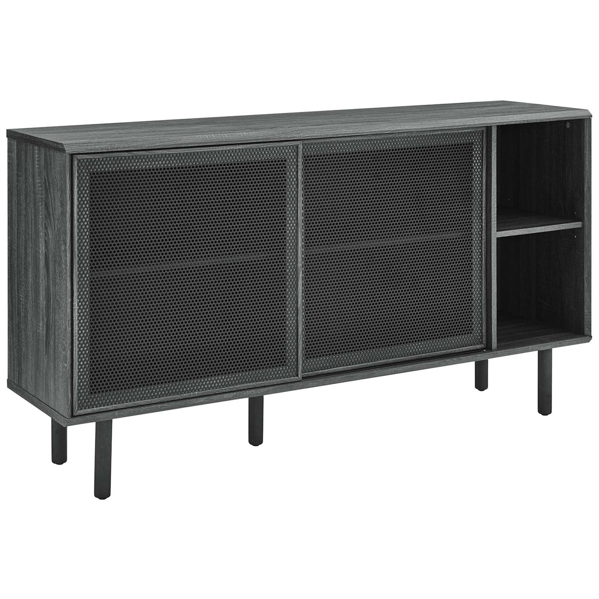 Charcoal sideboard with dual mesh doors and right open shelves for versatile storage || EEI-6235-CHA || front_angle_studio