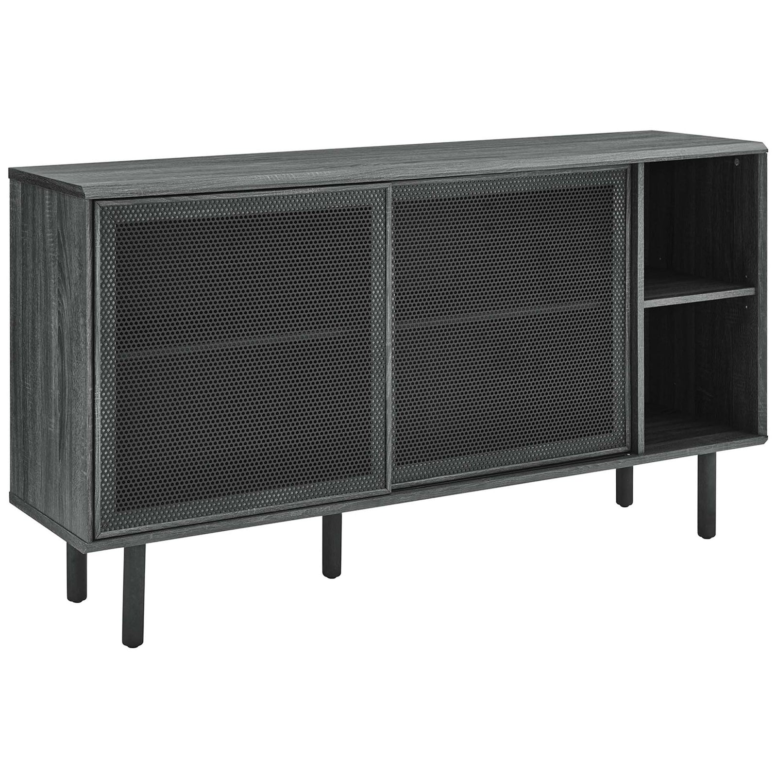 Charcoal sideboard with dual mesh doors and right open shelves for versatile storage || EEI-6235-CHA || front_angle_studio