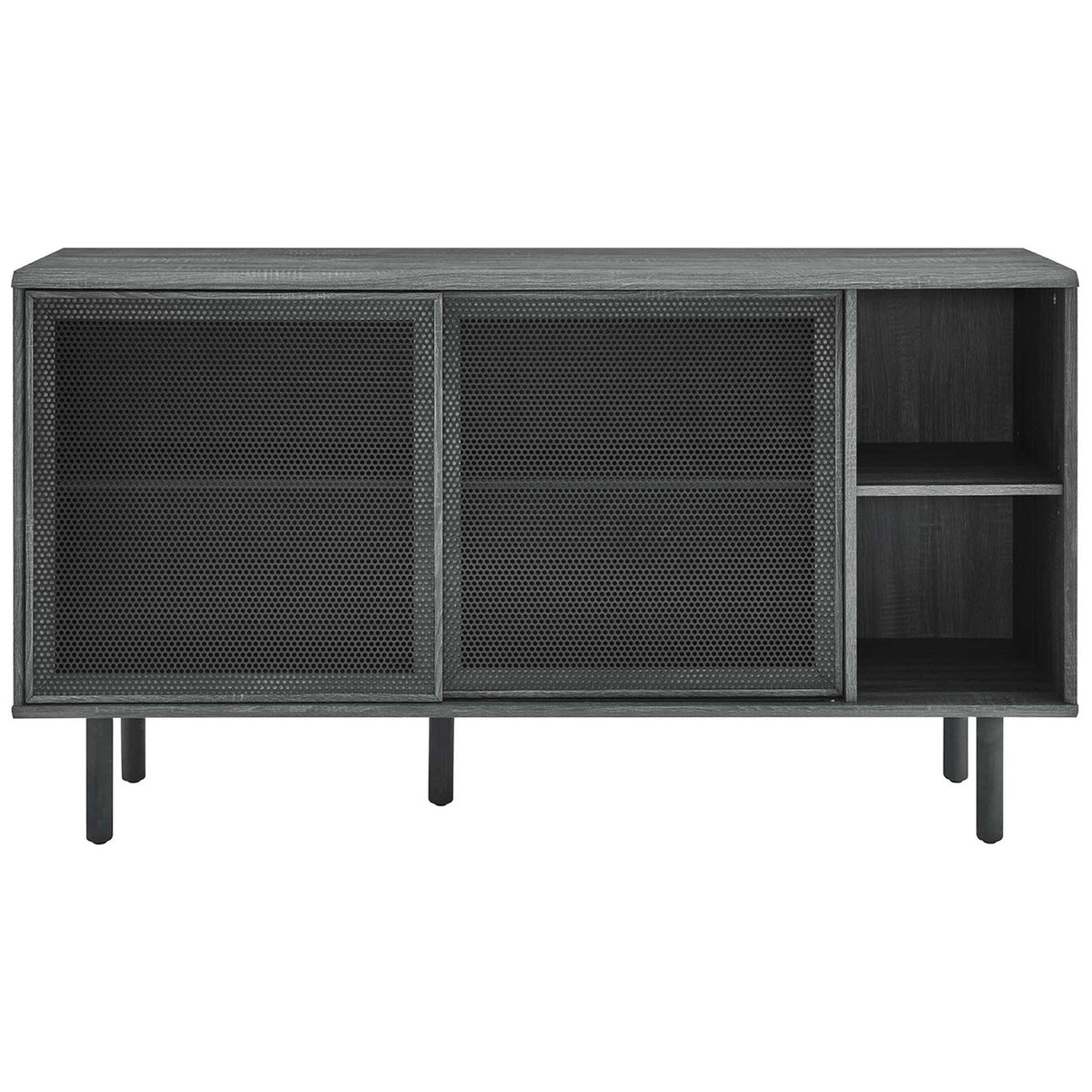 Charcoal sideboard with two mesh sliding doors and open display shelves on the right || EEI-6235-CHA || front_studio