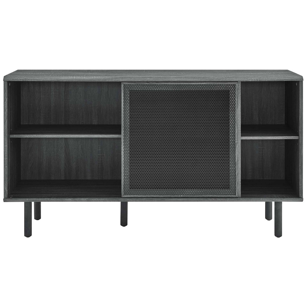 Charcoal sideboard with center mesh door position showcasing open shelving on both sides || EEI-6235-CHA || front_open_studio