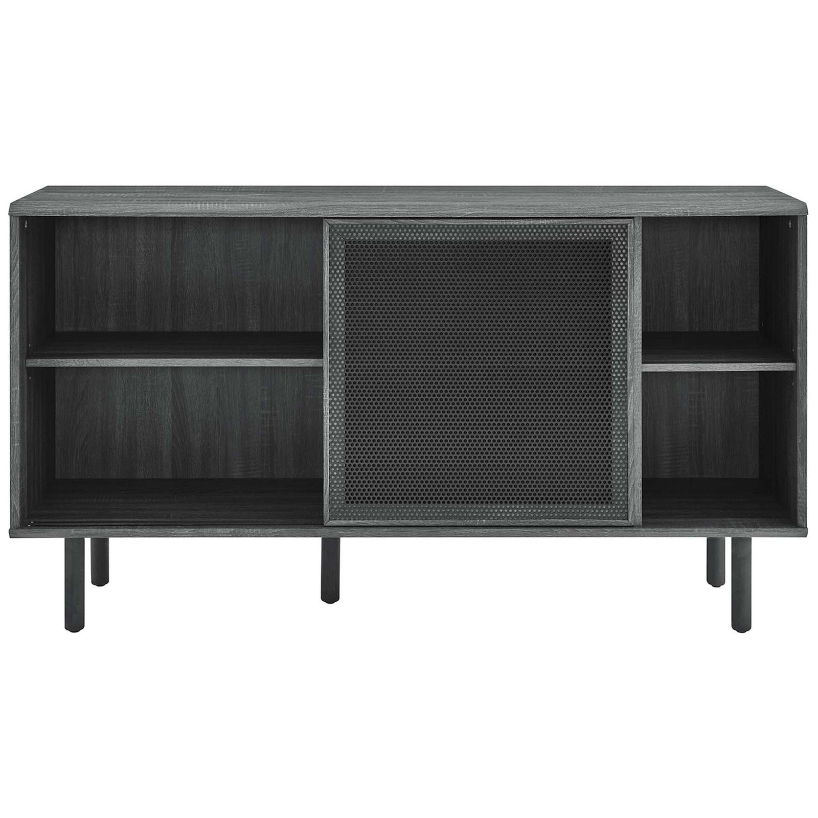 Charcoal sideboard with center mesh door position showcasing open shelving on both sides || EEI-6235-CHA || front_open_studio