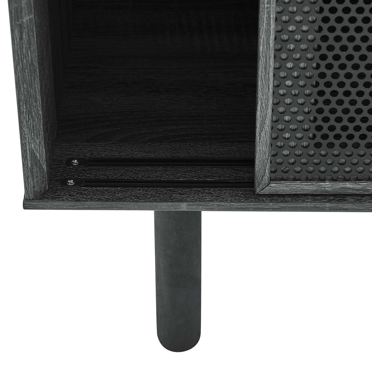 Charcoal finish with rounded wood leg and smooth sliding track on the mesh door cabinet || EEI-6235-CHA || leg_studio