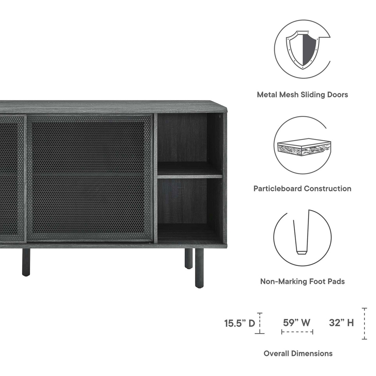Charcoal sideboard with icons highlighting mesh doors, particleboard build, and non-marking foot pads || EEI-6235-CHA || callout_studio
