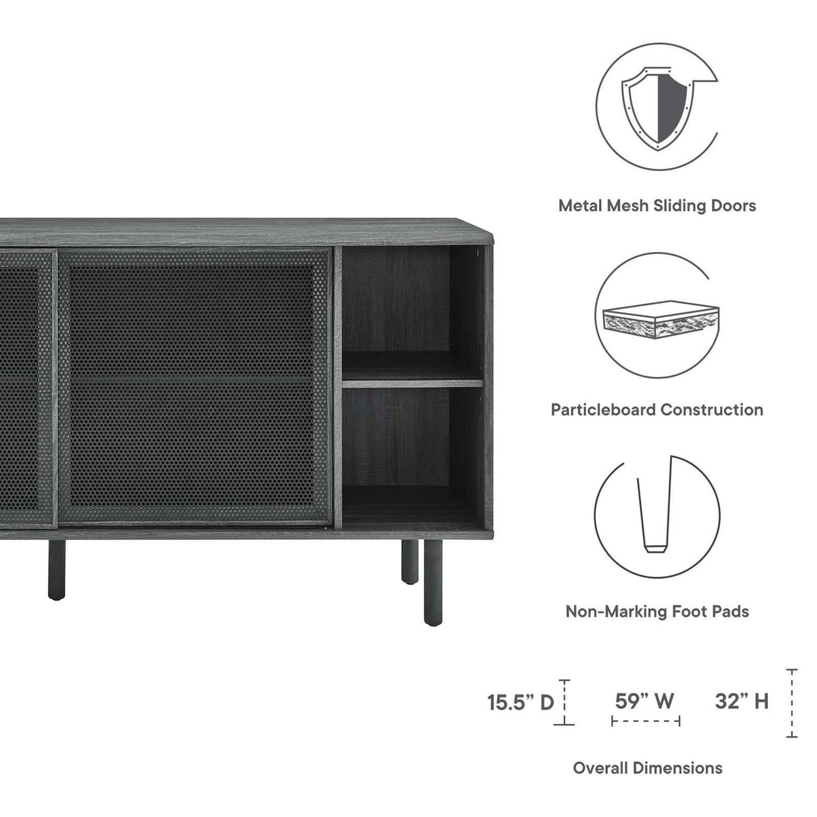 Charcoal sideboard with icons highlighting mesh doors, particleboard build, and non-marking foot pads || EEI-6235-CHA || callout_studio