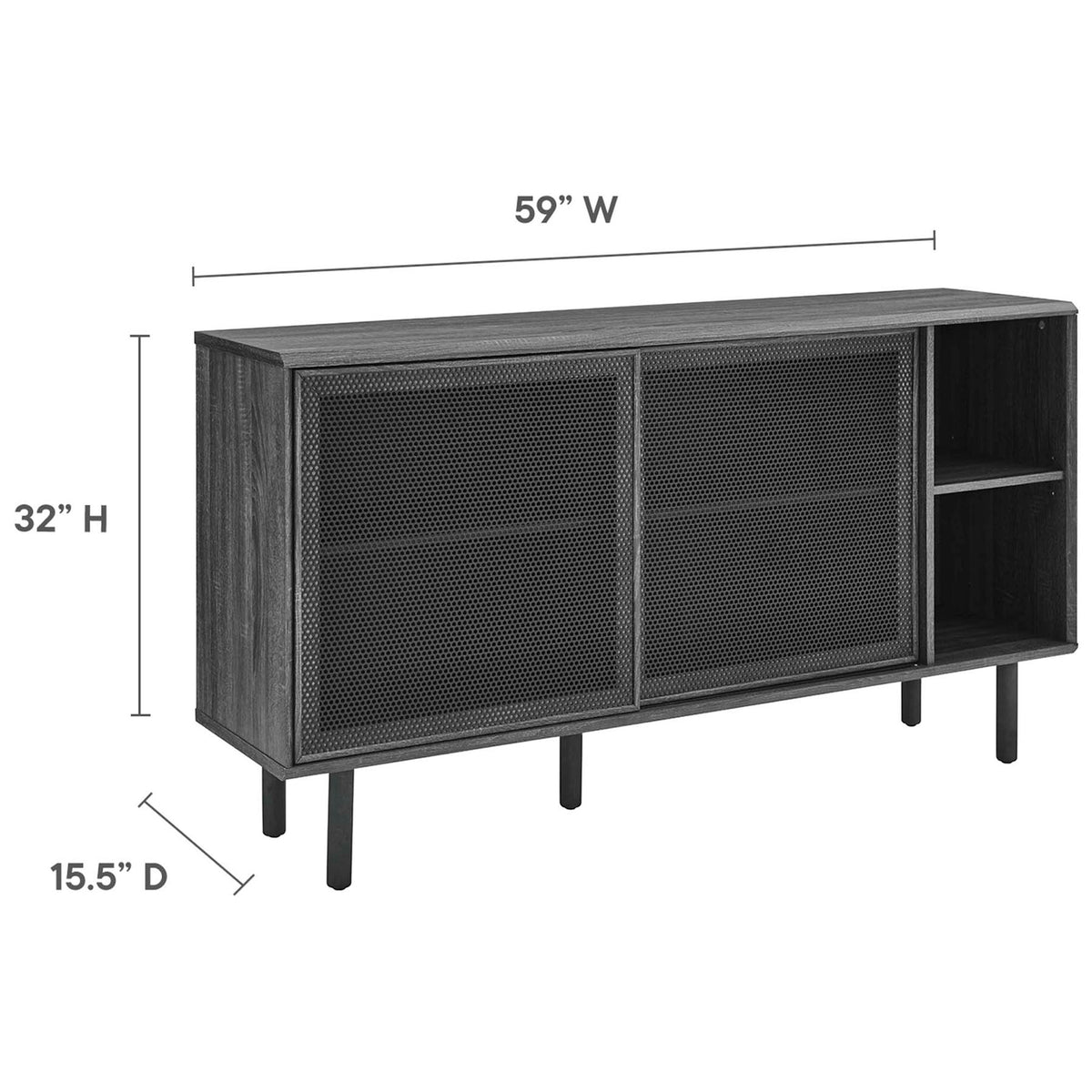 Dimension graphic showing Kurtis 59 inch charcoal sideboard at 59 W, 15.5 D, and 32 H inches || EEI-6235-CHA || dimension_studio