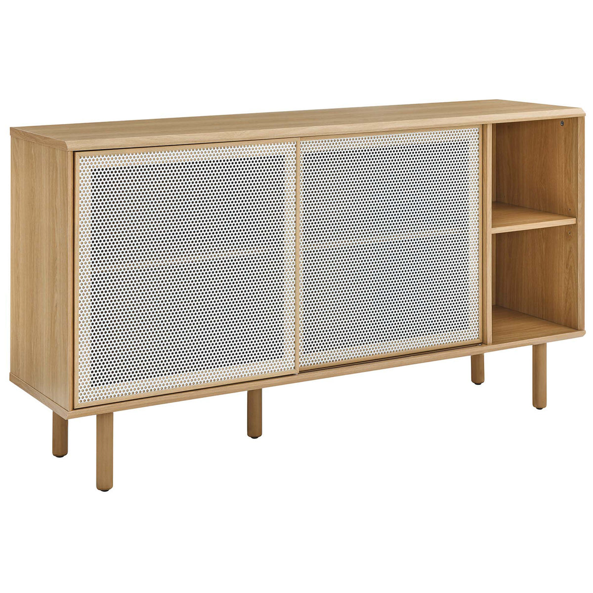 Oak sideboard with white metal mesh doors and open shelving for modern living or dining storage. || EEI-6235-OAK || front_angle_studio