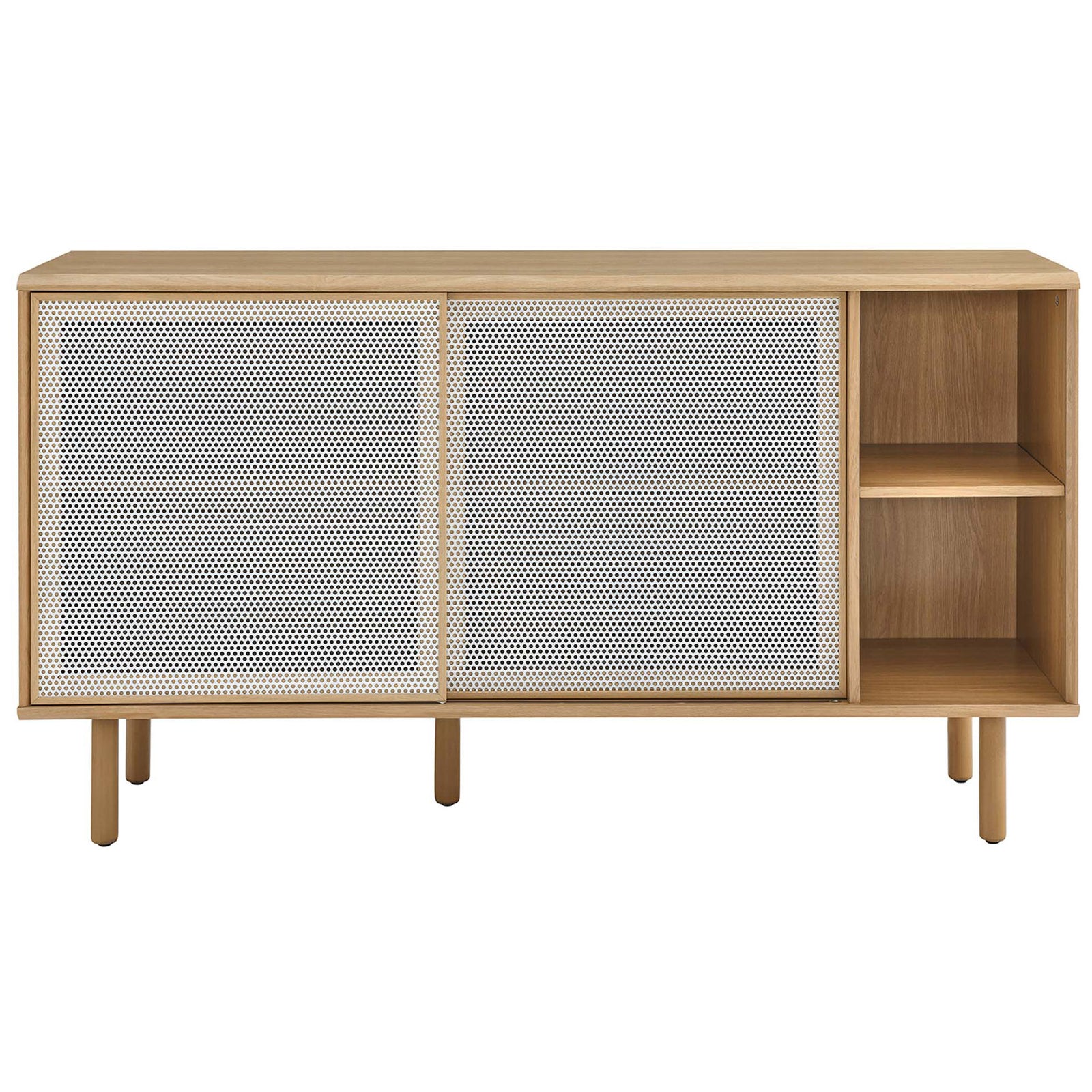 Kurtis 59 inch oak sideboard with dual white mesh doors and right side open display shelves. || EEI-6235-OAK || front_studio