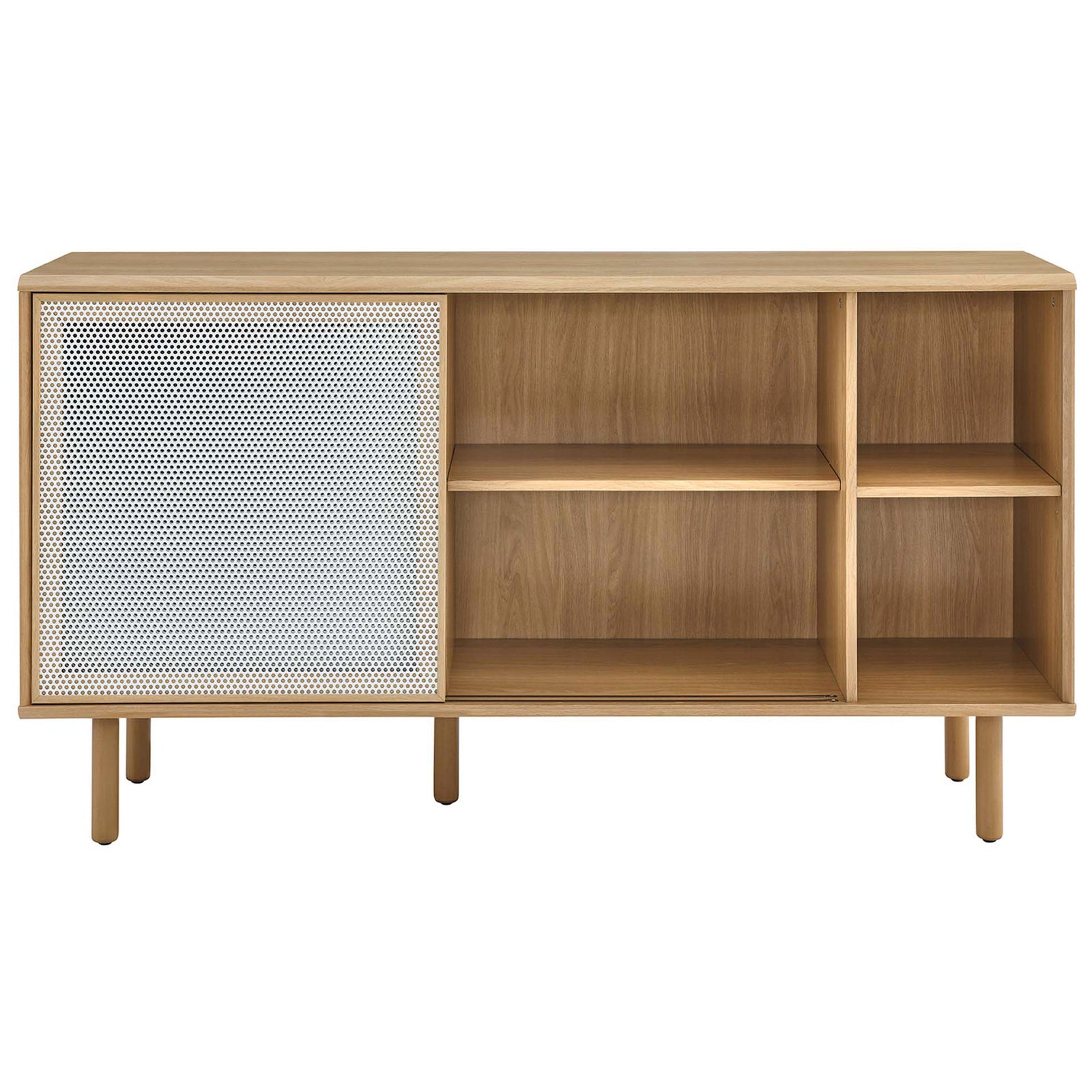 Versatile oak storage cabinet with mixed concealed and open compartments for flexible organization. || EEI-6235-OAK || front_studio