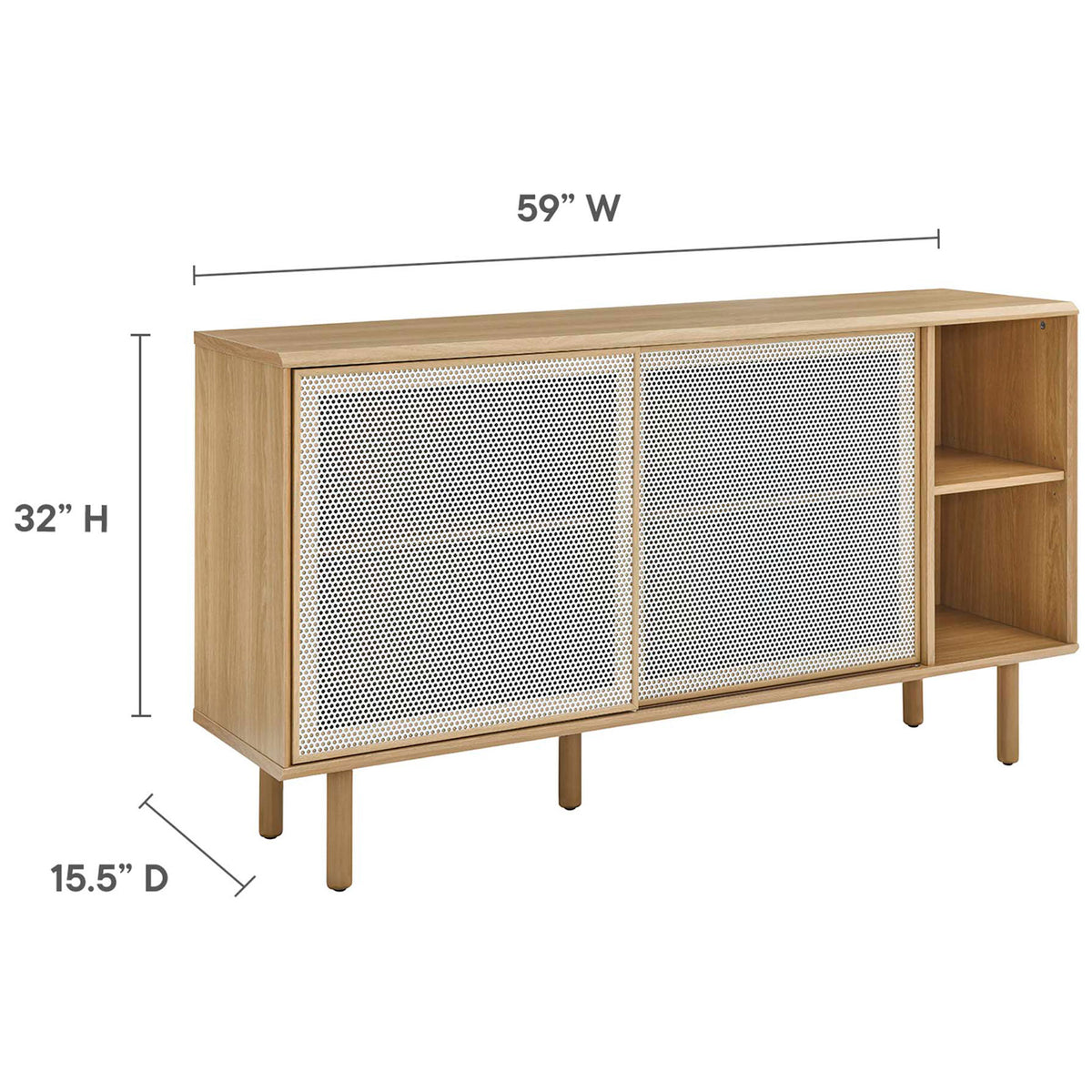 Dimension graphic showing the Kurtis sideboard size for easy room and TV placement planning. || EEI-6235-OAK || dimension_studio