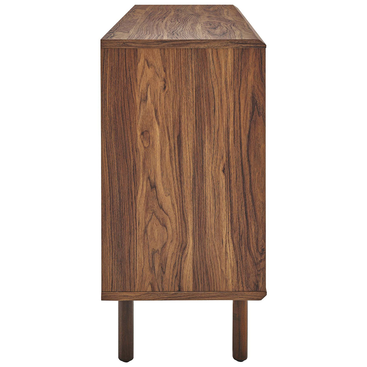 Slim walnut cabinet profile highlights the natural wood grain and rounded legs || EEI-6235-WAL || side_studio